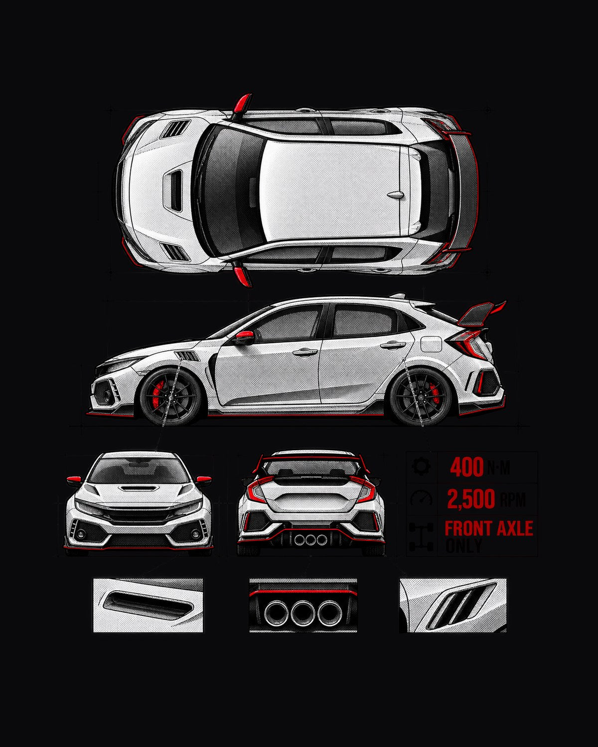 Honda Civic FK8 Type R Three Pipes Spec Poster Shirt, 2018 design only