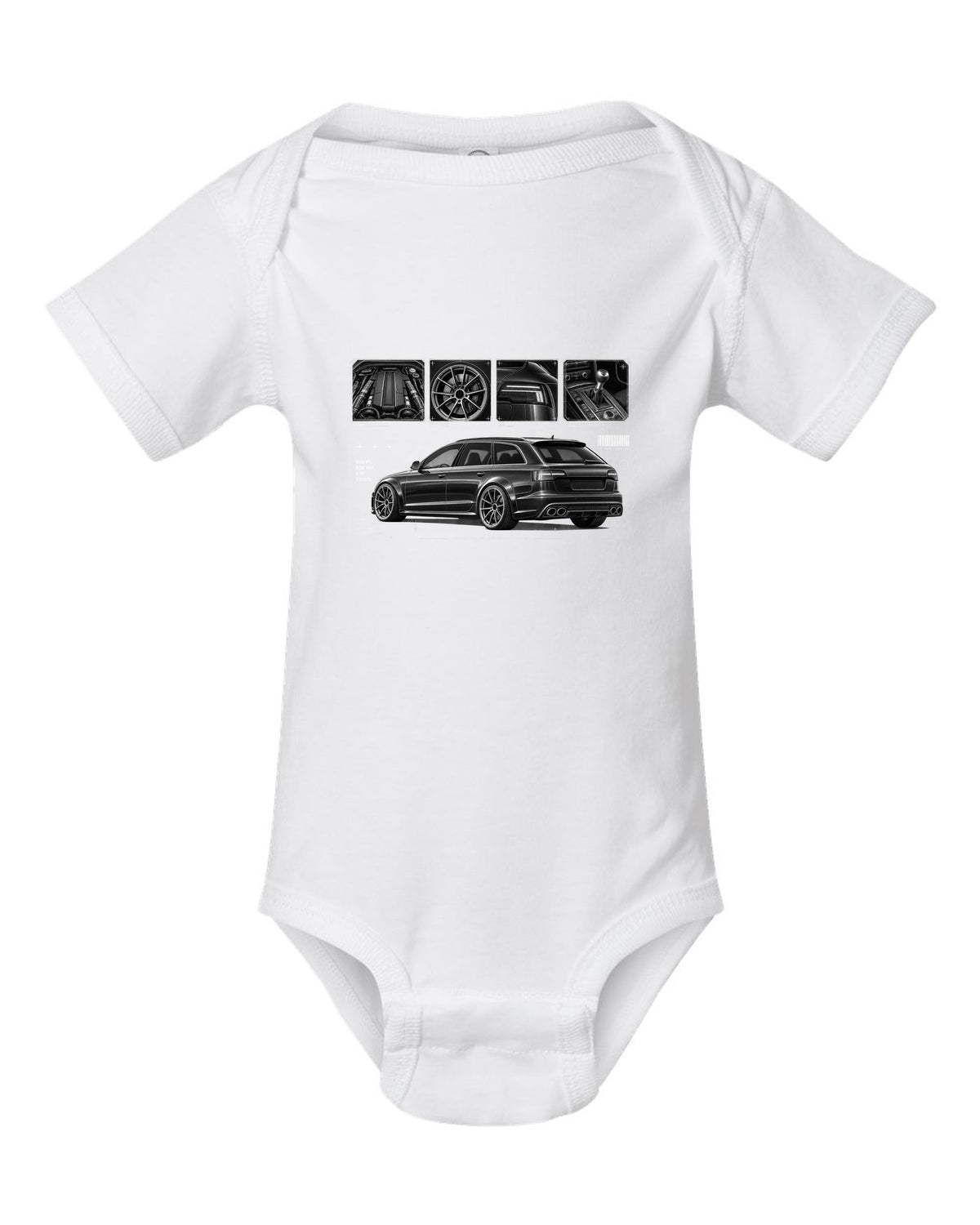 Audi RS6 Avant C6 4F Dossier Panels white baby onesie front view with the design