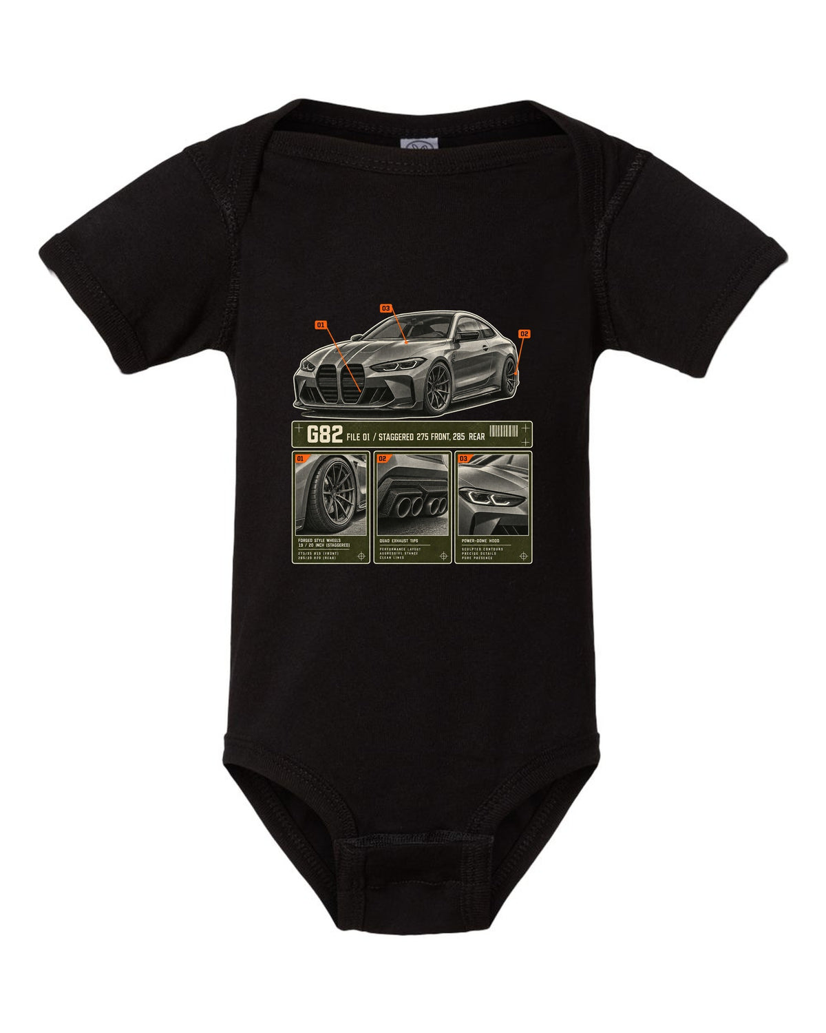 BMW M4 Competition G82 dossier panels print noting staggered 275 front and 285 rear black baby onesie front view with the design