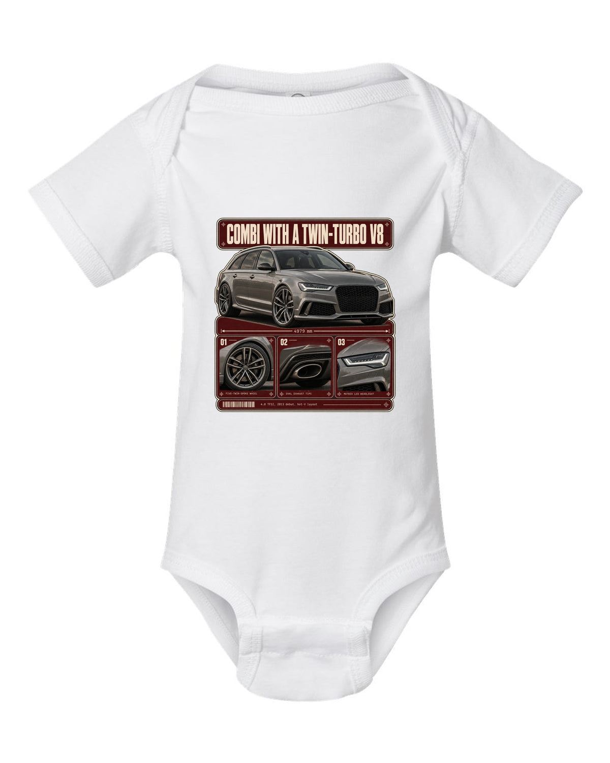 Audi RS6 Avant C7 warm grey dossier panels print white baby onesie front view with the design