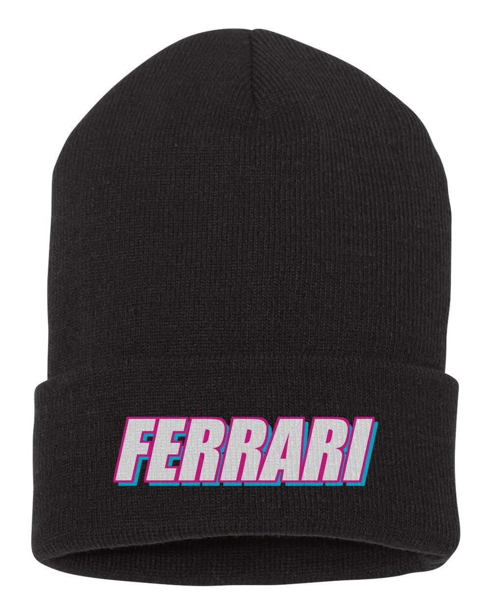 Ferrari black beanie front view with car name