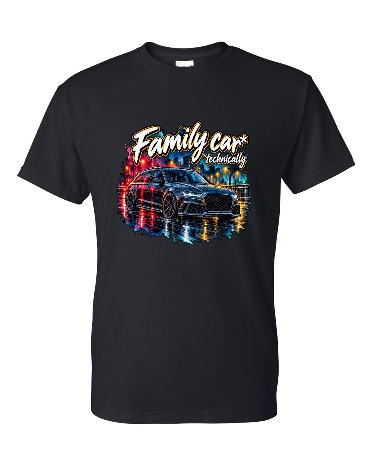 Watercolour wet-road night design of the Audi RS6 Avant C7 4G with family car technically lettering black t-shirt front view with the design