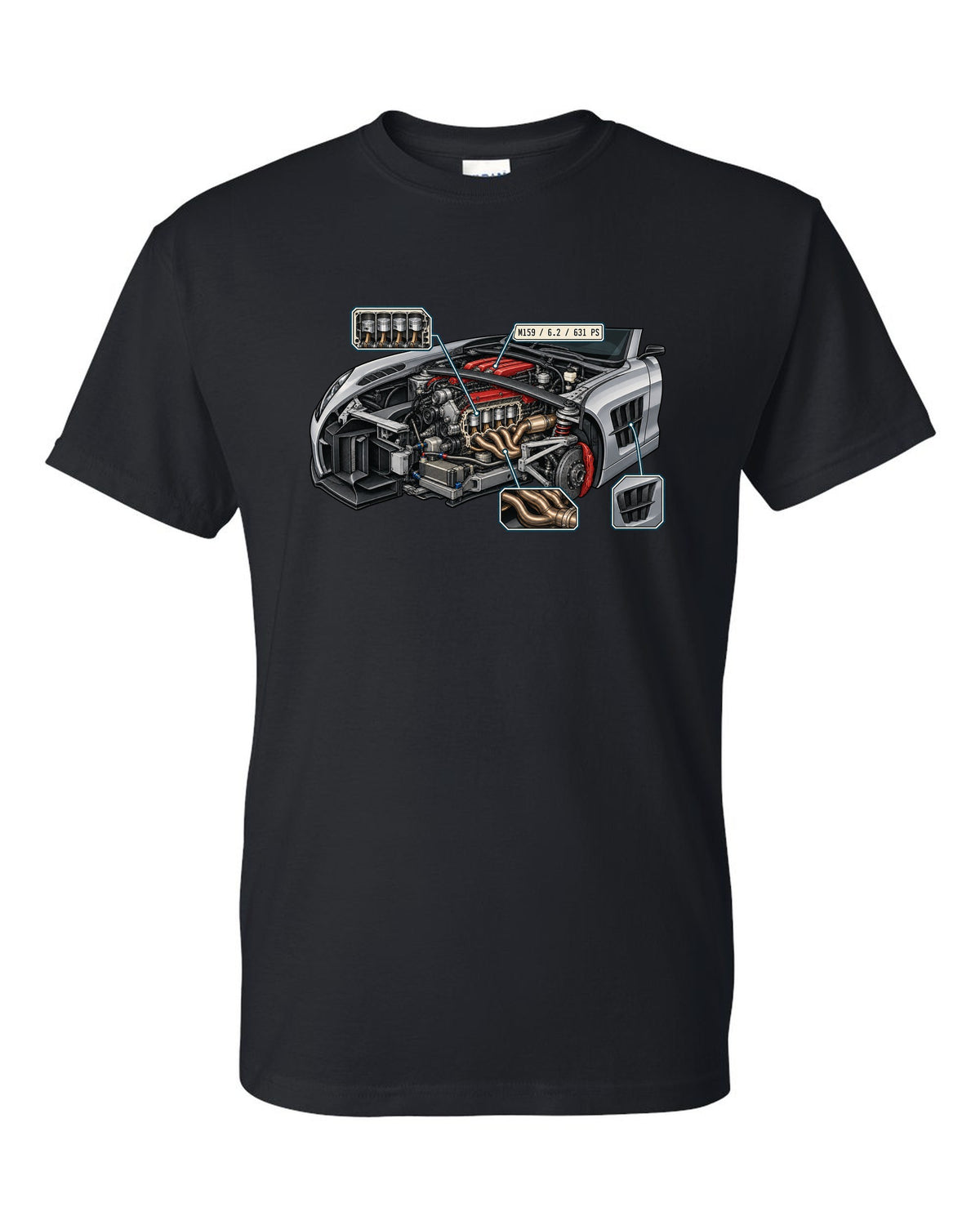 Technical blueprint line art of a Mercedes G-Class W463 with 2,850 mm note, print black t-shirt front view with the design
