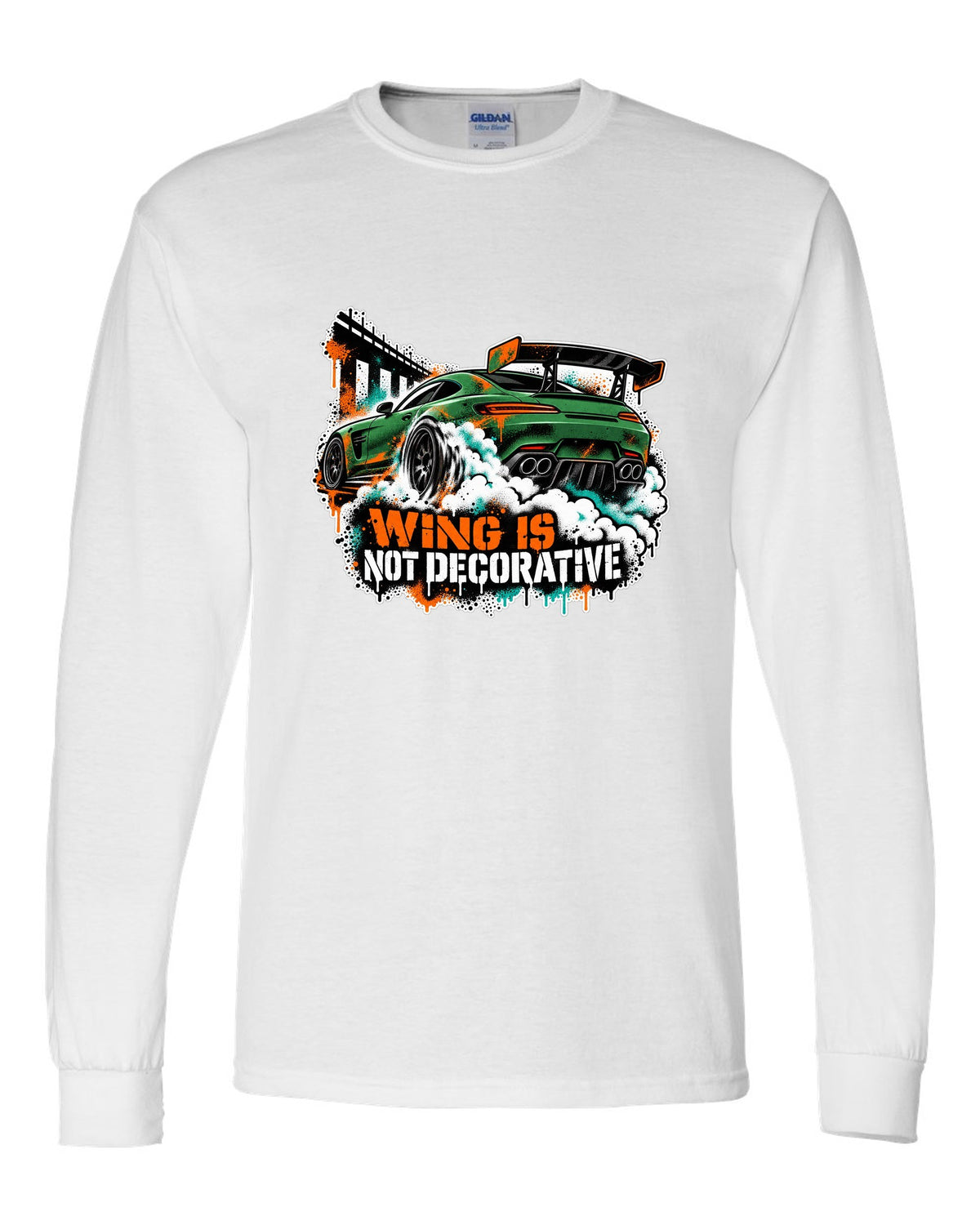 Risograph spot colour illustration of a Mercedes AMG GT R C190 in a garage with Track Day Monday Bill text white long sleeve front view with the design
