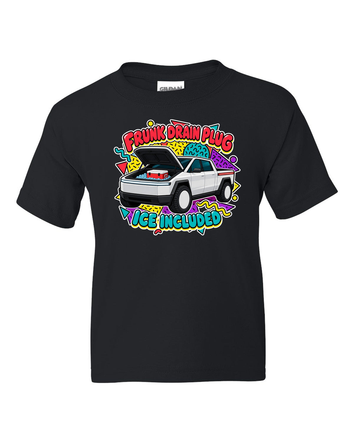 Ford F-150 Lightning retro sticker sheet print about the frunk drain plug and ice black kids tee front view with the design