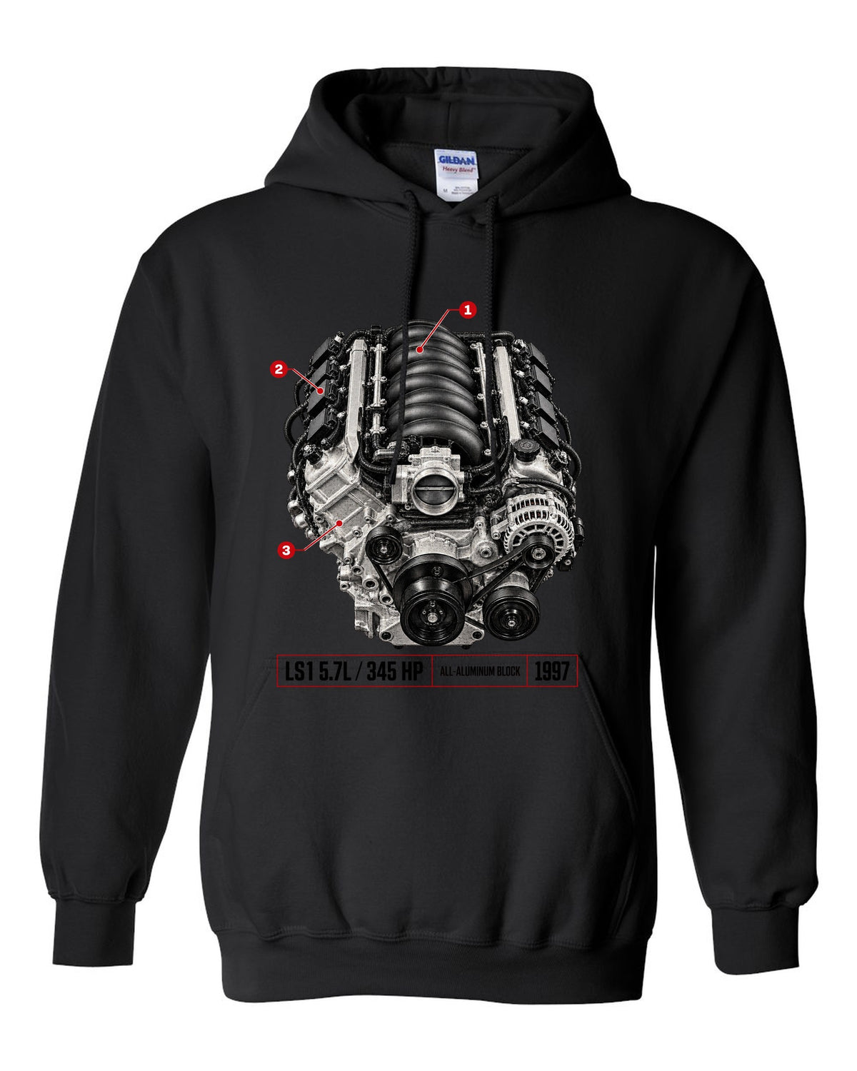 Corvette C5 coupe with LS1 5.7L engine poster print black pull over hoodie front view with the design