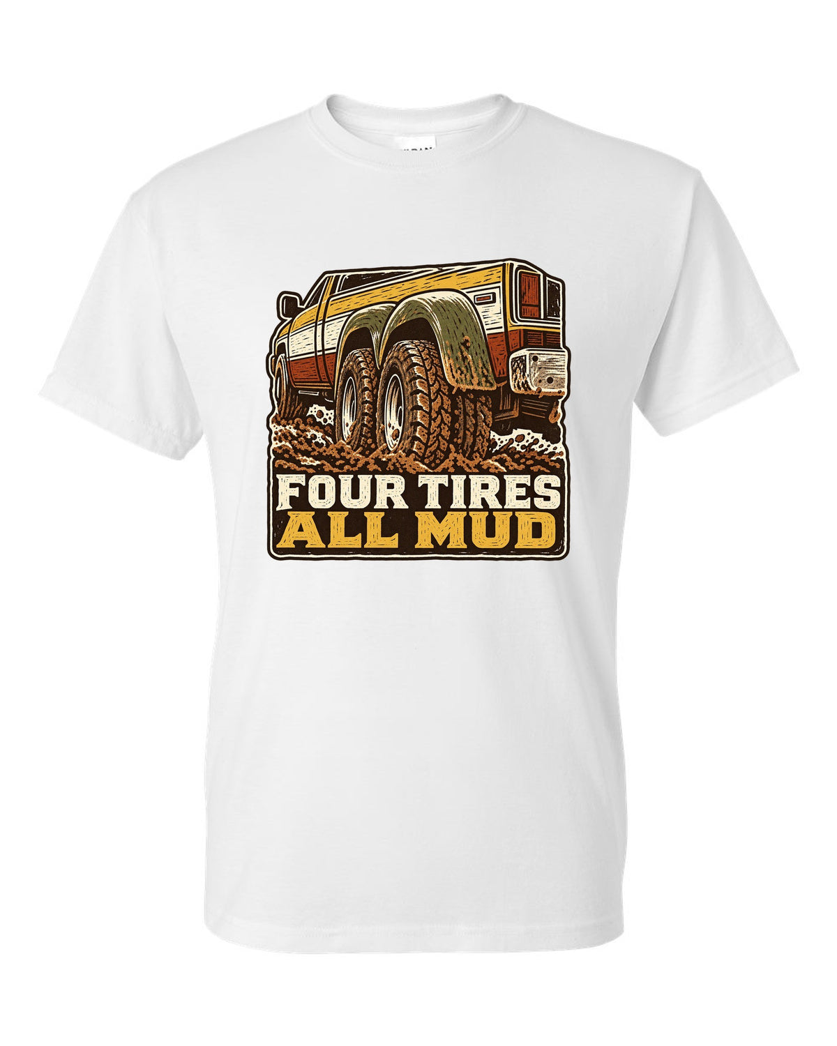 Linocut print of a 1994-1998 Dodge Ram 2nd gen dually in mud with four tires all mud text white t-shirt front view with the design