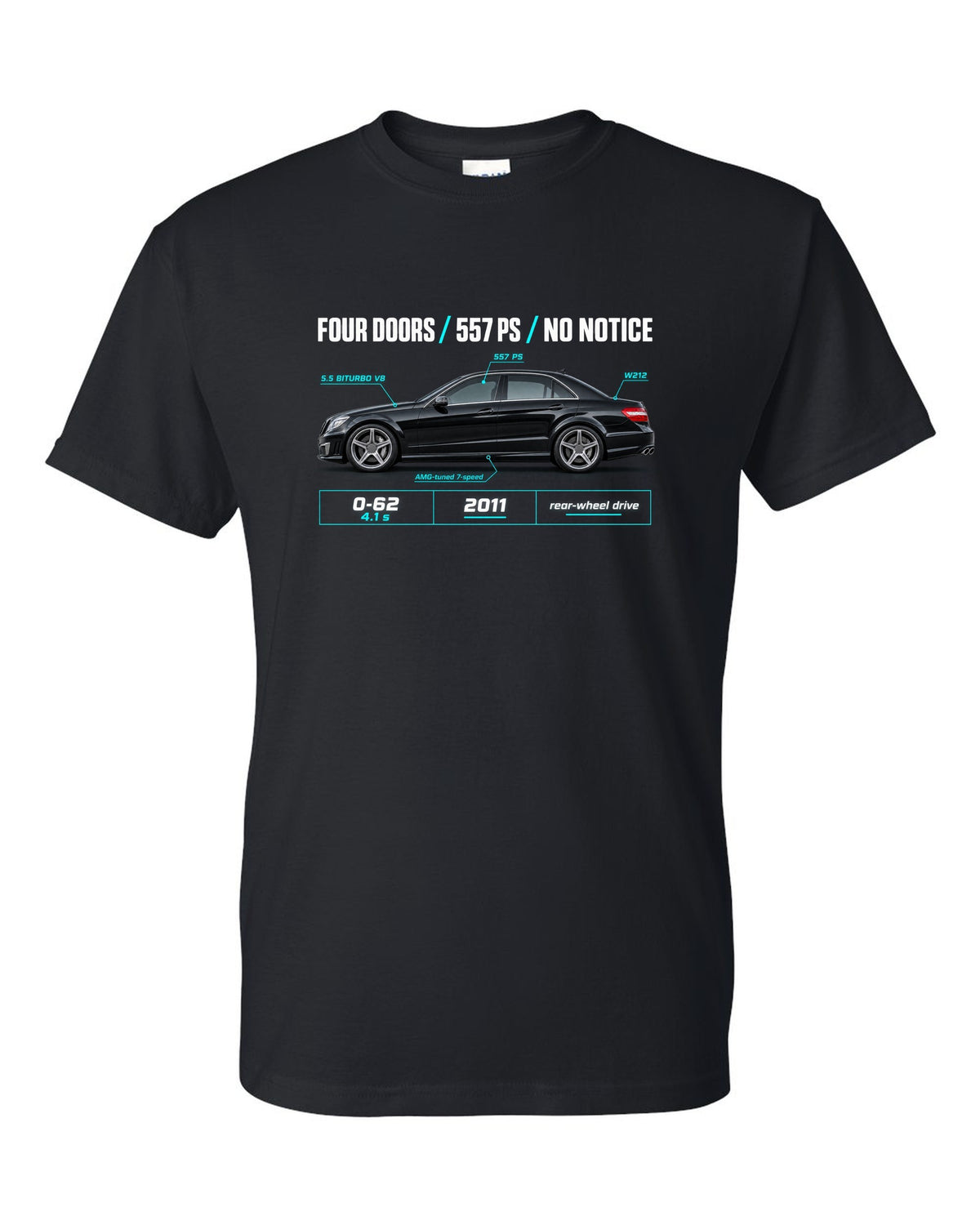 print spec poster of a 2011 Mercedes E63 AMG W212 sedan with text Four Doors 557 PS No Notice black t-shirt front view with the design