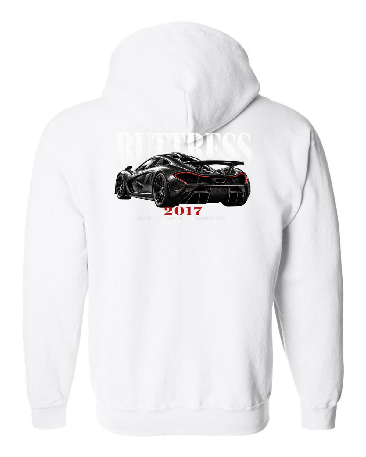 Ford GT 2017-22 buttress editorial print with 3.5 TT, 647 HP and carbon tub text white zip hoodie back view with the design