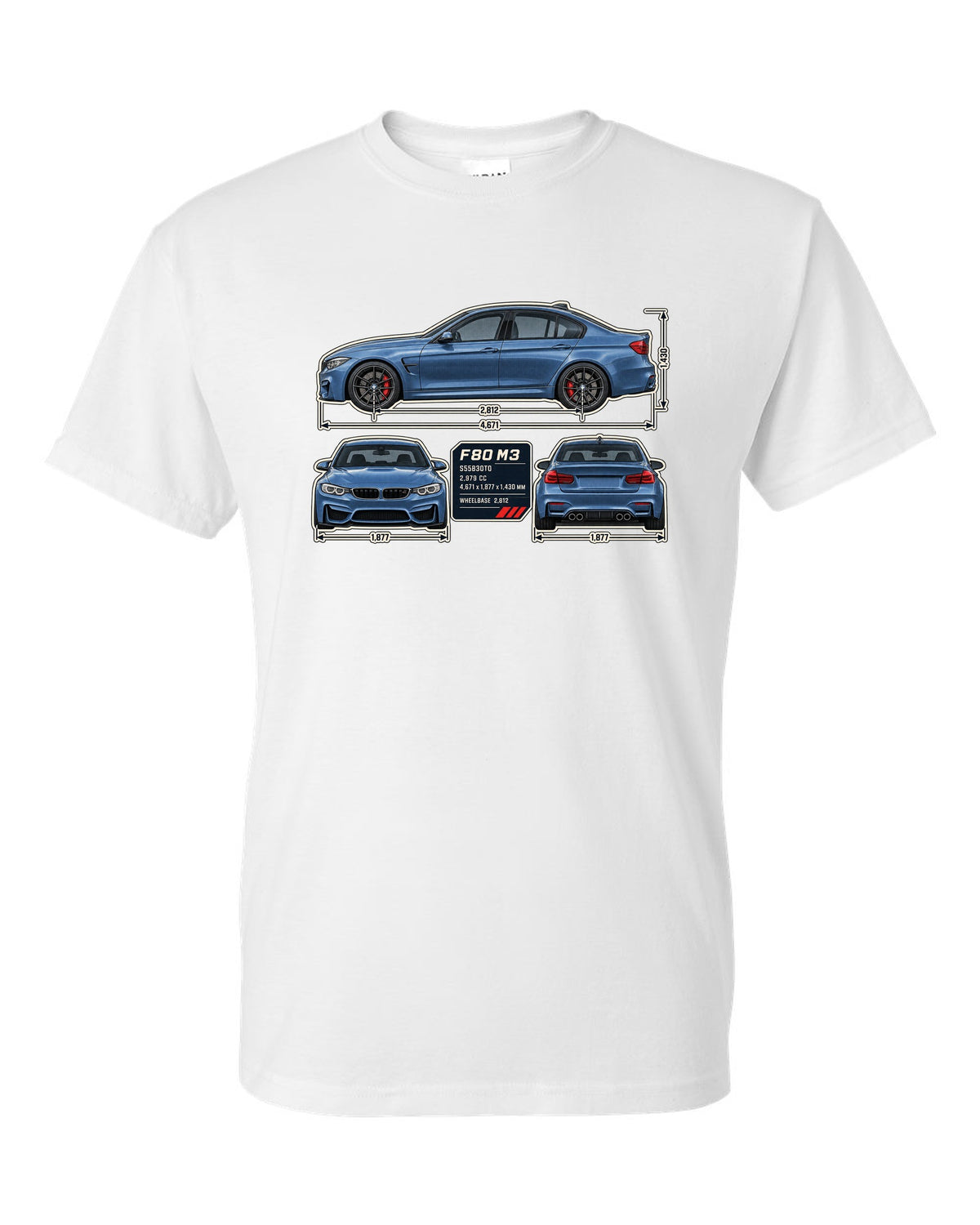 BMW M3 F80 dimension blueprint print with measurements white t-shirt front view with the design