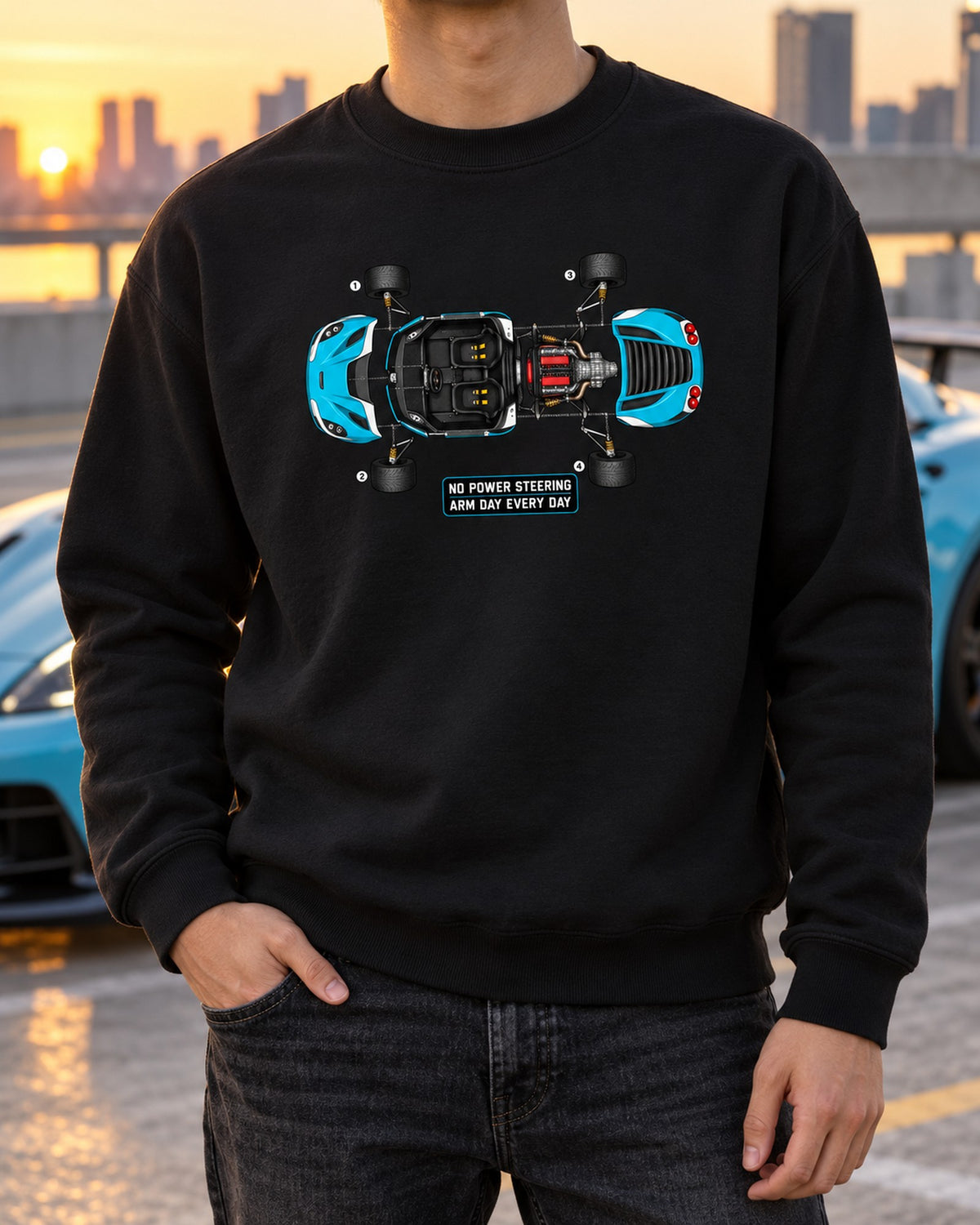 Alfa Romeo 4C Exploded Blueprint Tee, Arm Day Every Day Crewneck Black worn hero