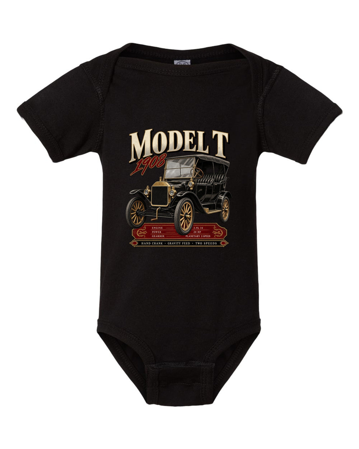 Archive panel print of a Ford Model T touring car with engine specs black baby onesie front view with the design