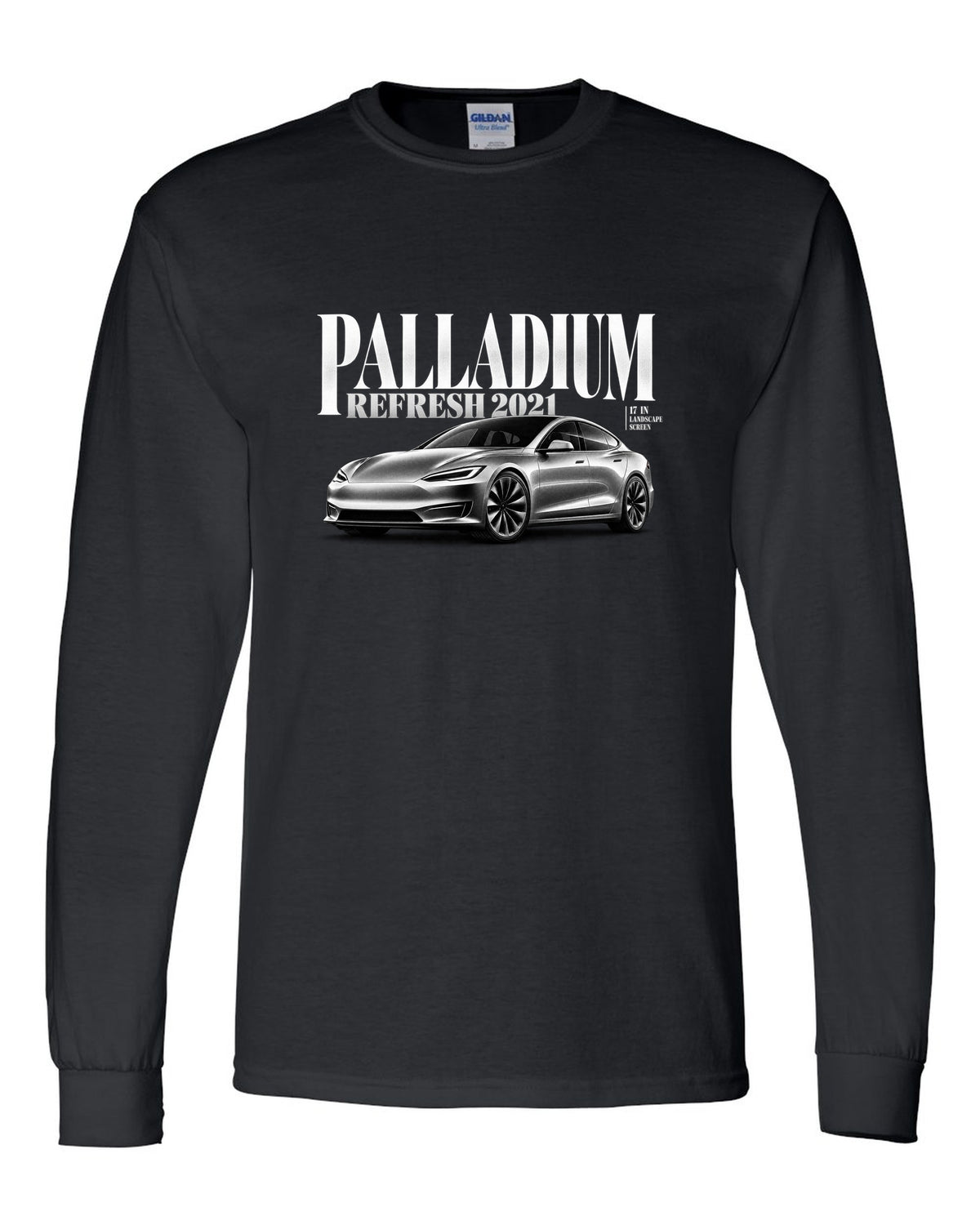 Editorial headline print of a Tesla Model S Palladium 2021 front three-quarter view black long sleeve front view with the design