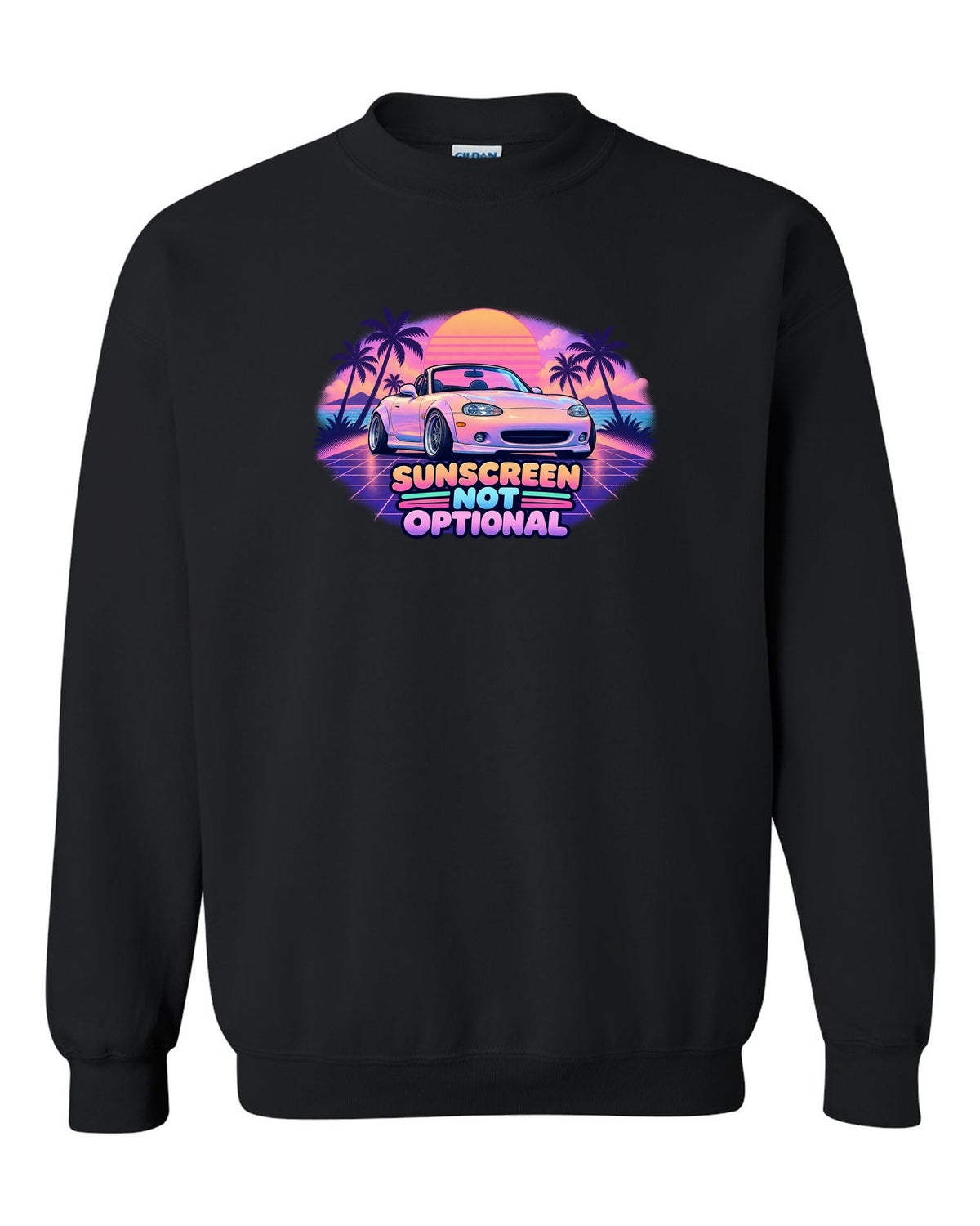 Vaporwave pastel print of a Mazda MX-5 NB Miata with the roof down and the text Sunscreen Not Optional black crewneck front view with the design