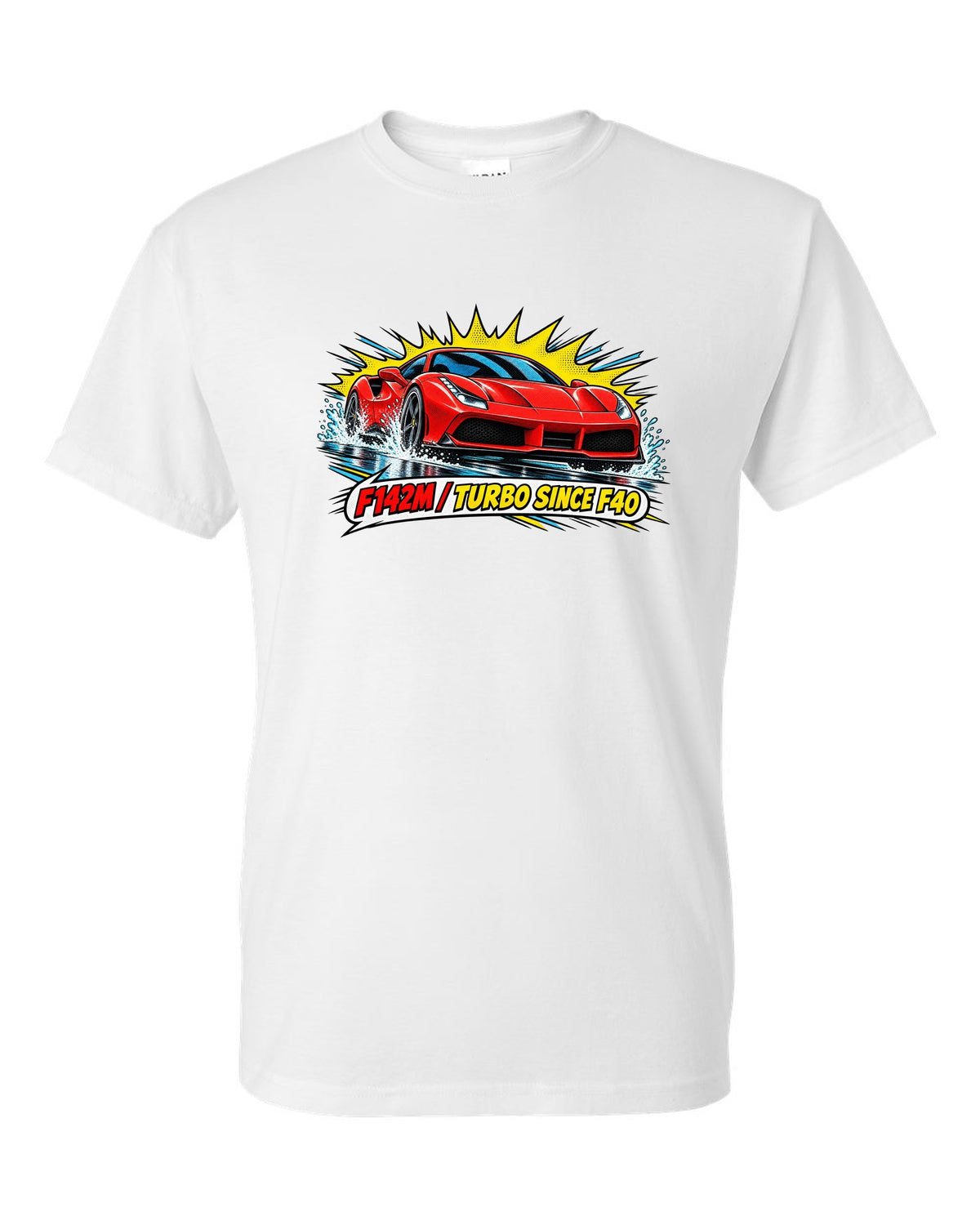 Comic halftone pop-art print of the Ferrari 488 GTB F142M with the text F142M, turbo since F40 white t-shirt front view with the design