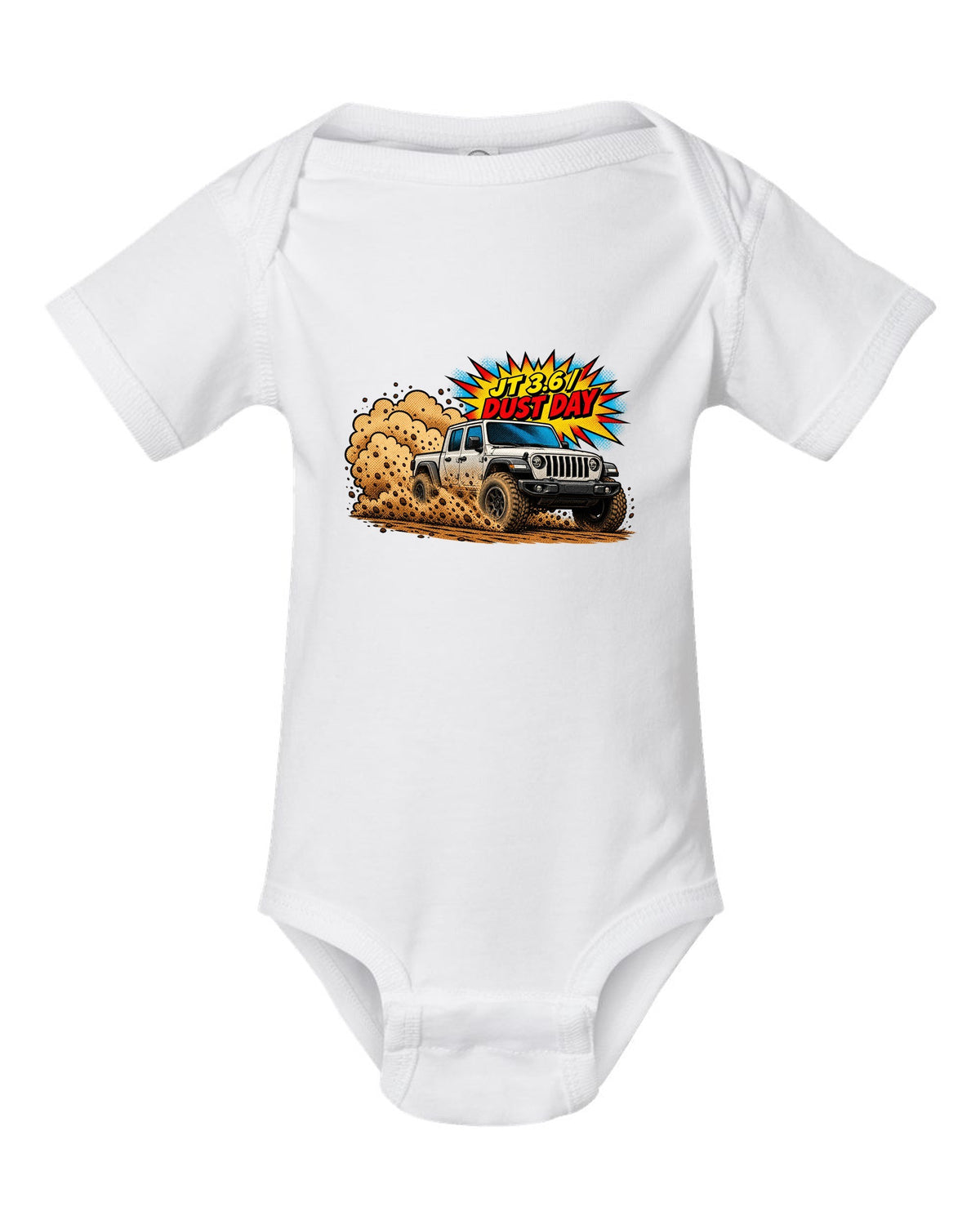 Jeep Gladiator JT mid-burnout in comic halftone pop art with JT 3.6 dust day text white baby onesie front view with the design