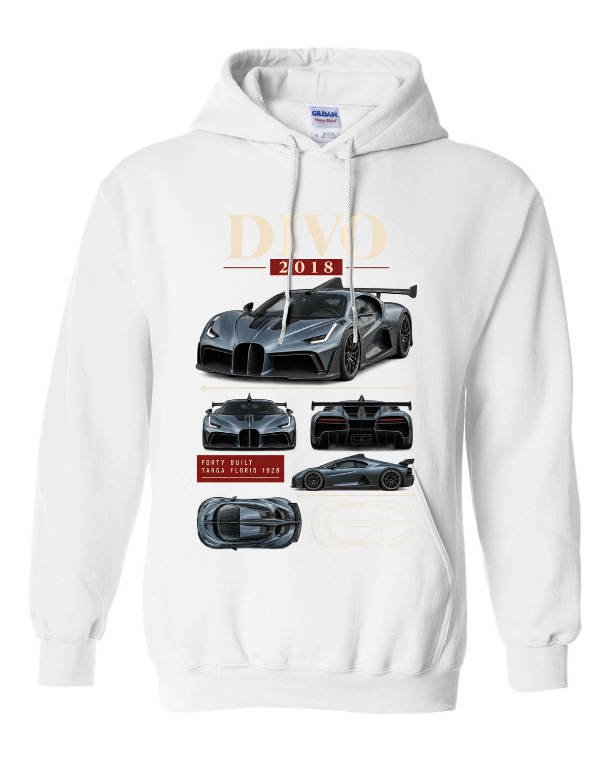 Archive panel design of the Bugatti Divo 2018 with Targa Florio 1928 text, print white pull over hoodie front view with the design