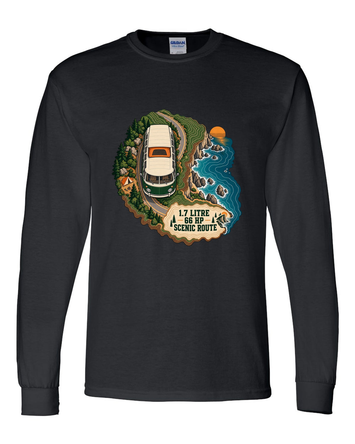 Topographic route map print of a 1972 VW Bus T2 bay window with scenic route lettering black long sleeve front view with the design