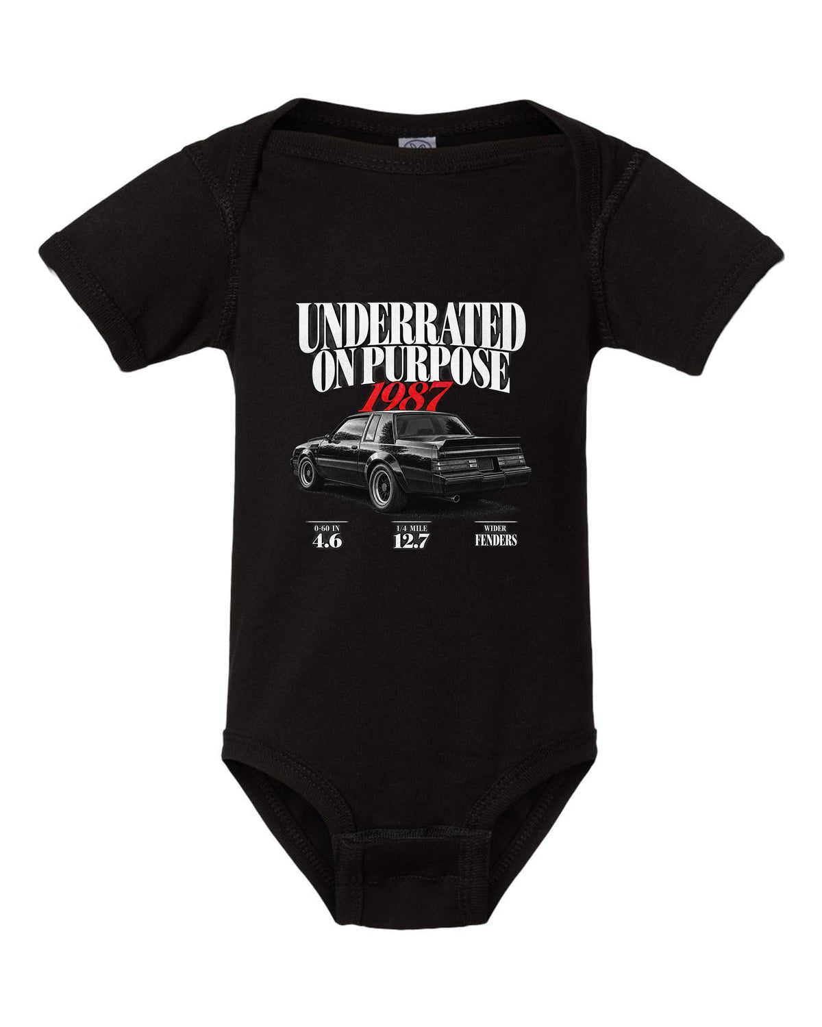 1987 Buick GNX editorial headline print with performance figures black baby onesie front view with the design