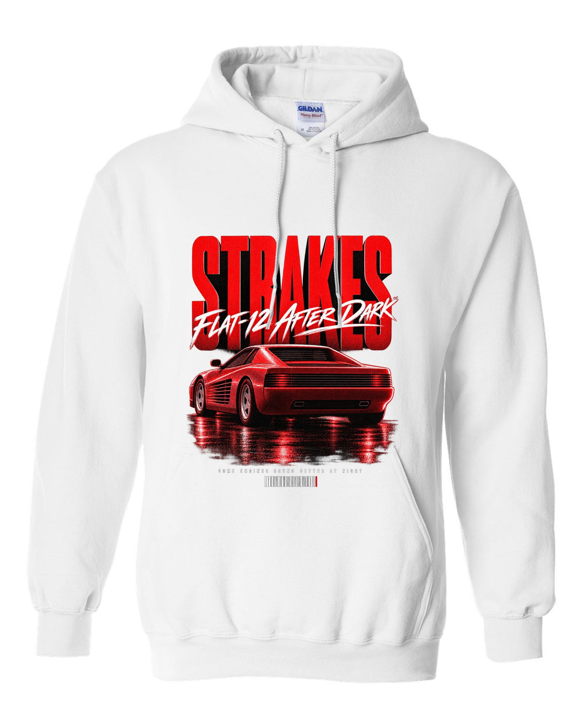 Street poster print of a Ferrari Testarossa F110 rear three-quarter with strakes and flat-12 text white pull over hoodie front view with the design