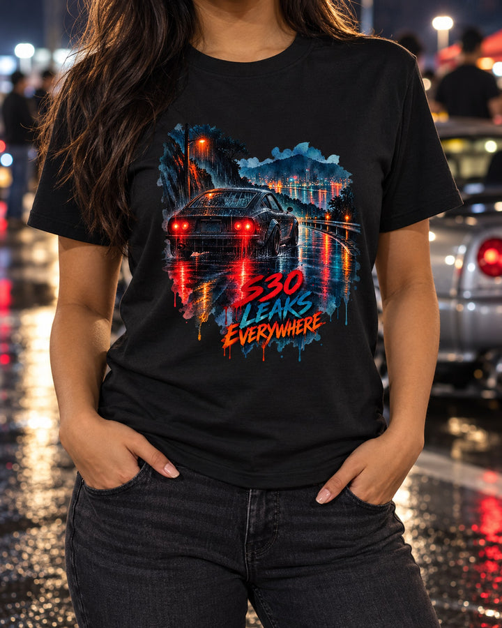 Nissan Fairlady Z S30 Rain Leaks Watercolour Wet-Road Night Shirt T-Shirt Black worn hero