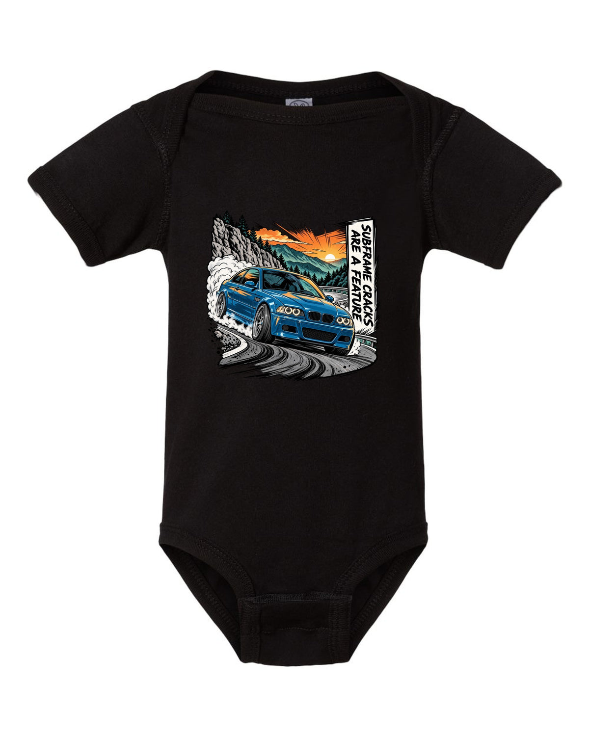 Retro manga halftone panel illustration of a BMW E46 M3 coupe on a mountain pass black baby onesie front view with the design