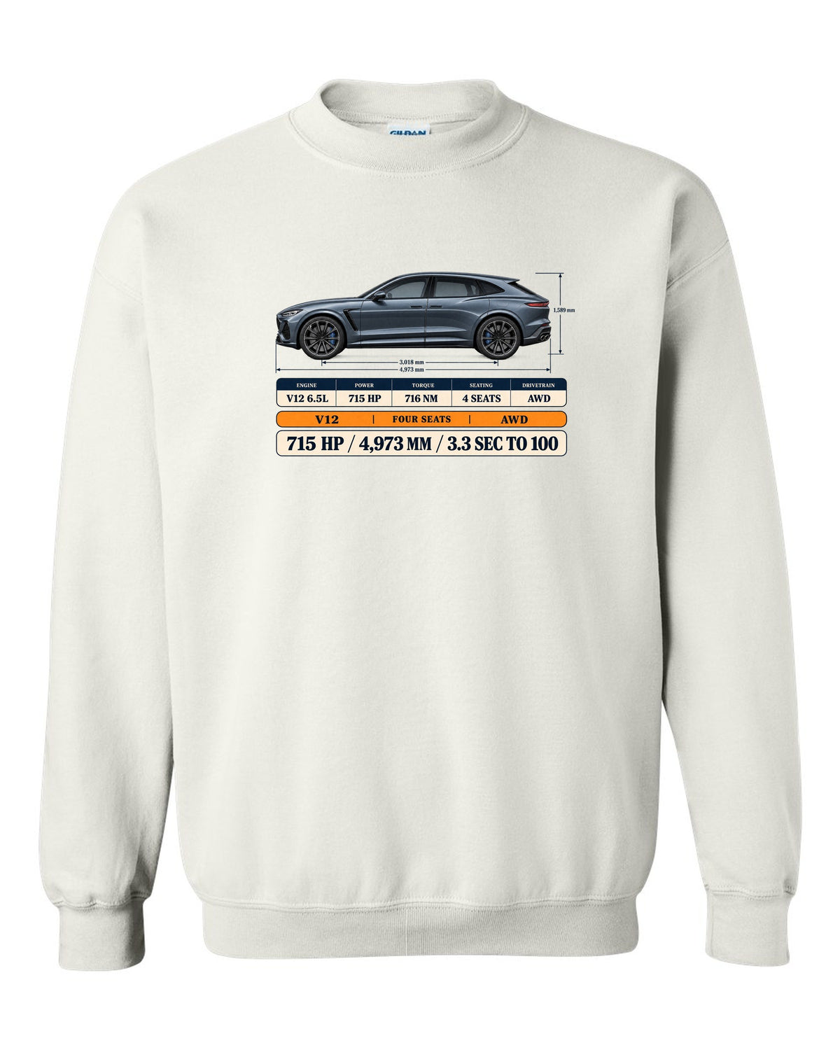 Spec poster print of the Ferrari Purosangue with power and length figures white crewneck front view with the design