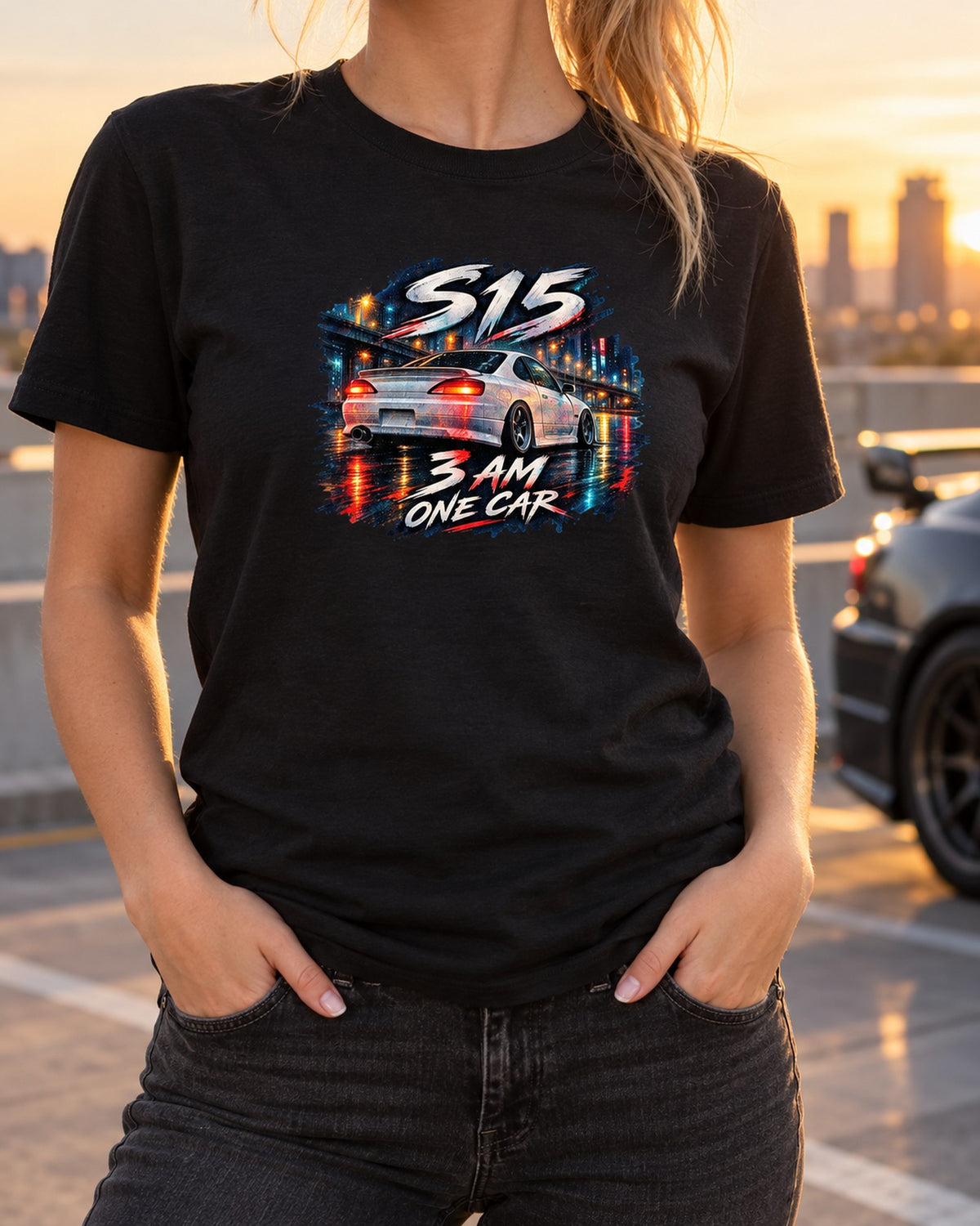 S15 Silvia Wet Road Night Watercolour Car Shirt T-Shirt Black worn hero