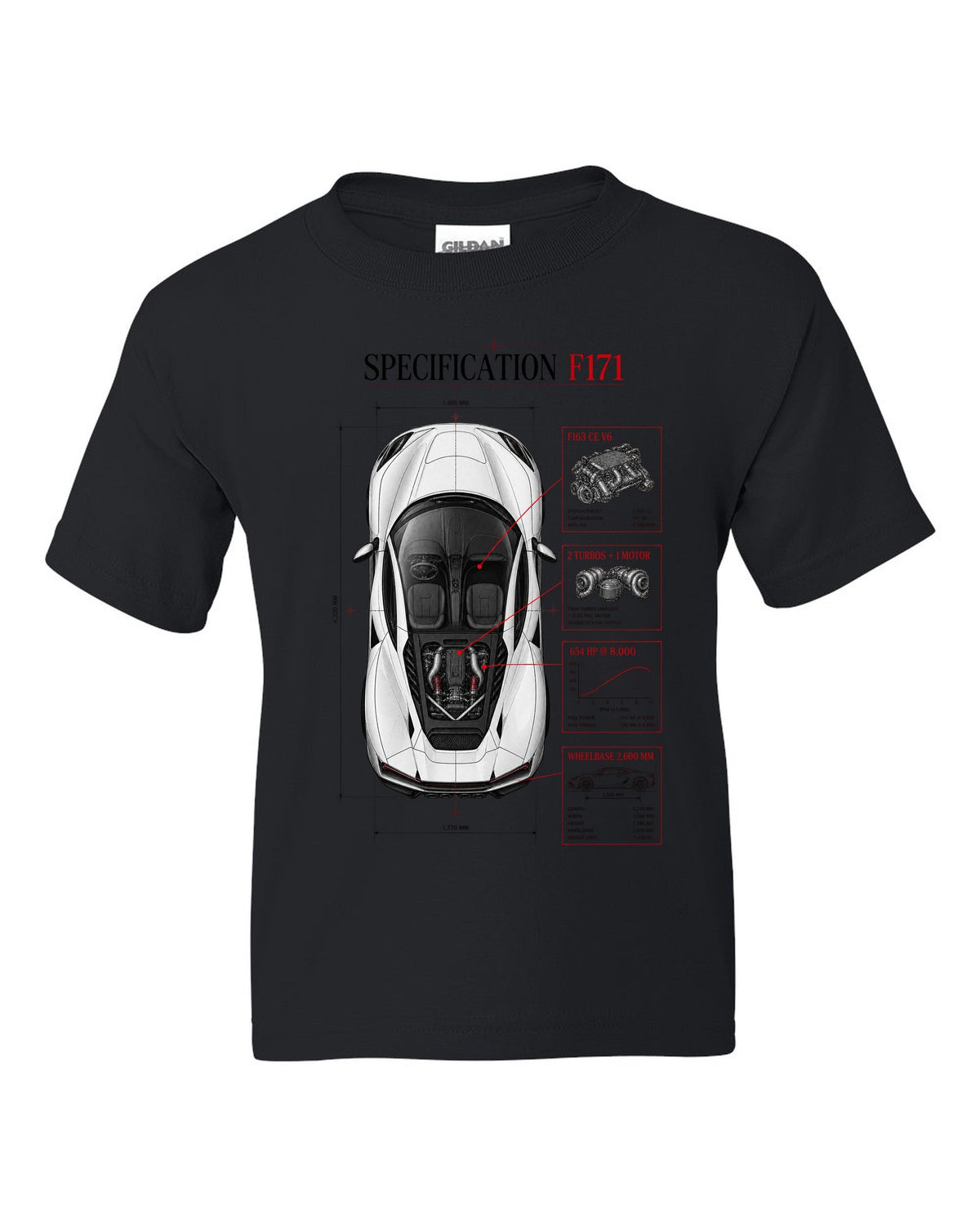 Top-down spec poster print of a Ferrari 296 GTB F171 with wheelbase and F163 CE V6 details black kids tee front view with the design