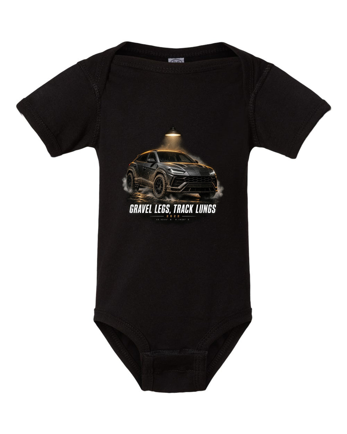 Lamborghini Urus Performante 2022 garage night print, gravel legs track lungs black baby onesie front view with the design