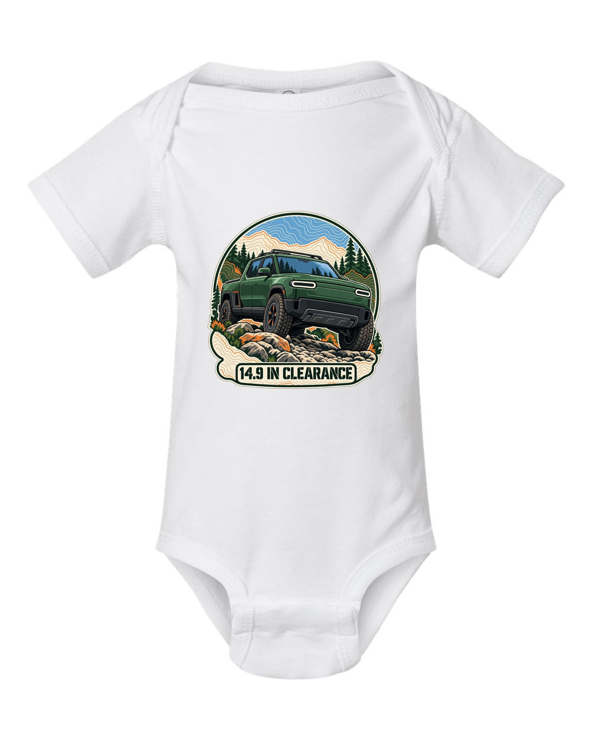 Topographic contour map illustration print of a Rivian R1T reading 14.9 In Clearance white baby onesie front view with the design