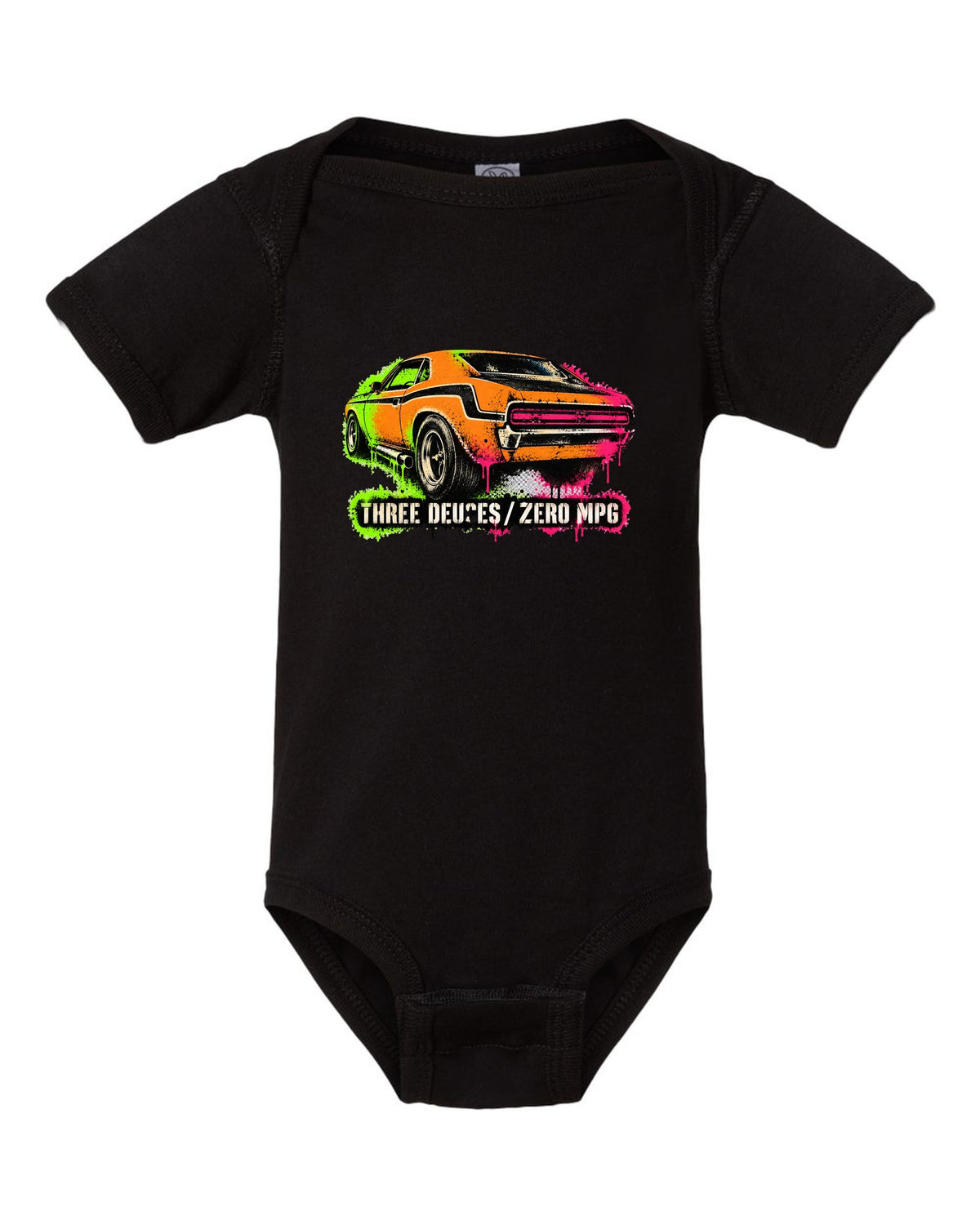 1970 Dodge Challenger T/A gas-station stencil spray paint print with Three Deuces Zero MPG text black baby onesie front view with the design