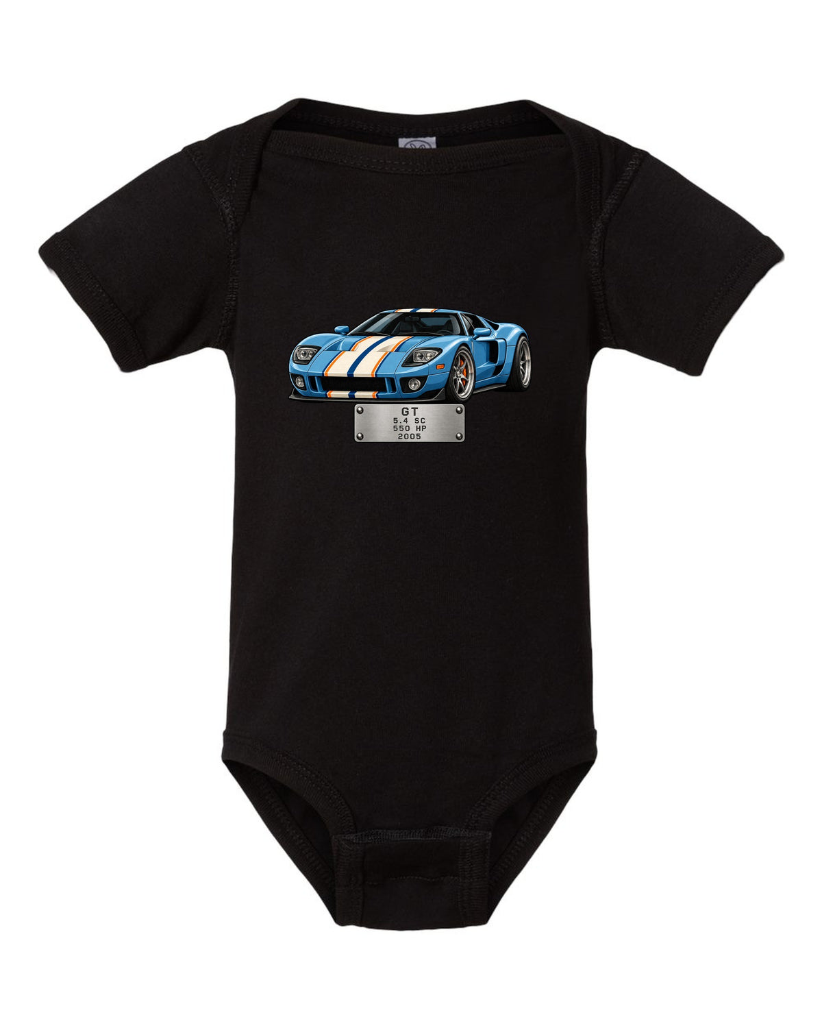 Spec-sheet data plate print for the 2005 Ford GT showing 5.4 SC, 550 HP black baby onesie front view with the design