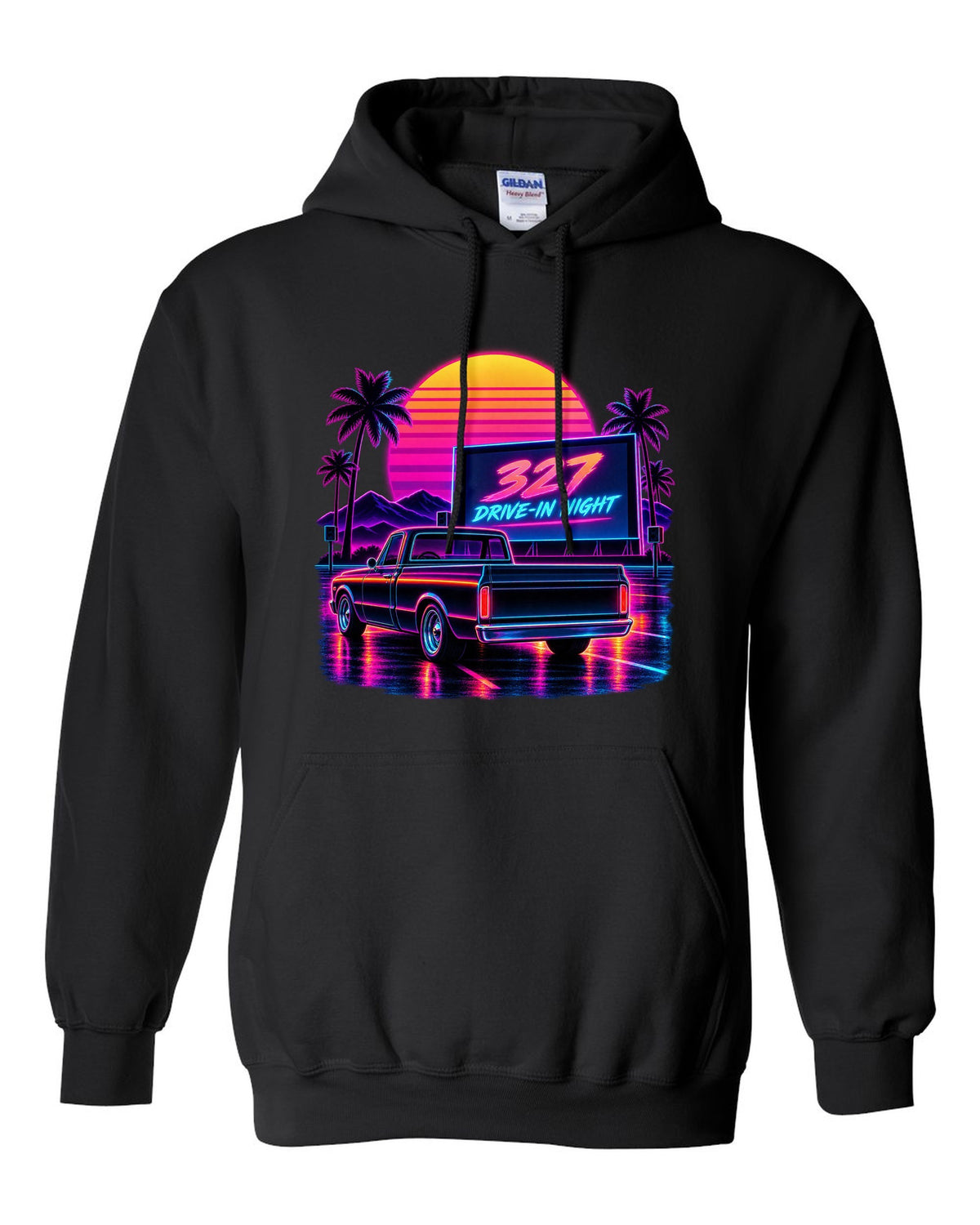 Synthwave outrun print of a 1967-72 Chevrolet C10 Action Line Fleetside at a drive-in with 327 lettering black pull over hoodie front view with the design