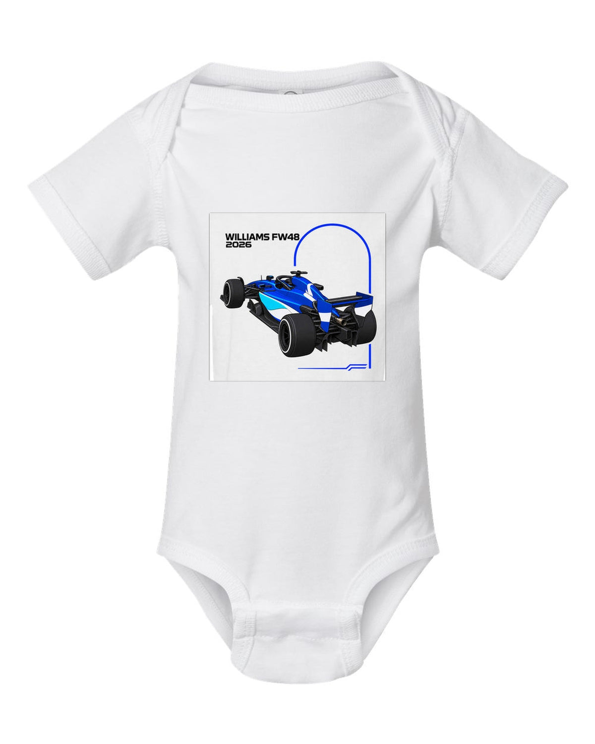 Williams FW48 2026 F1 car technical poster artwork white baby onesie front view with the design