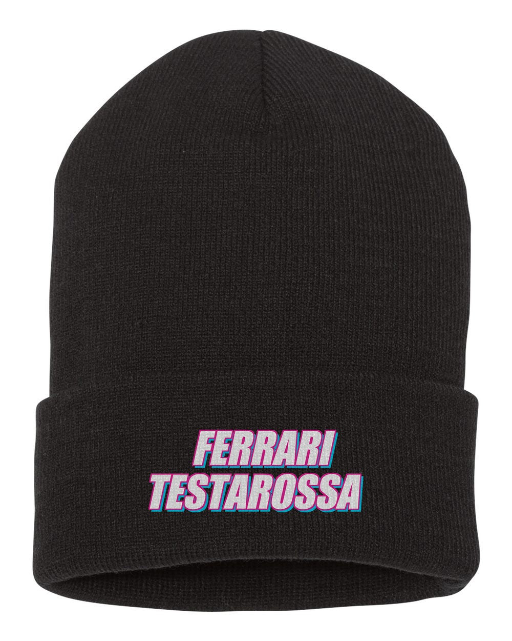 Ferrari Testarossa black beanie front view with car name