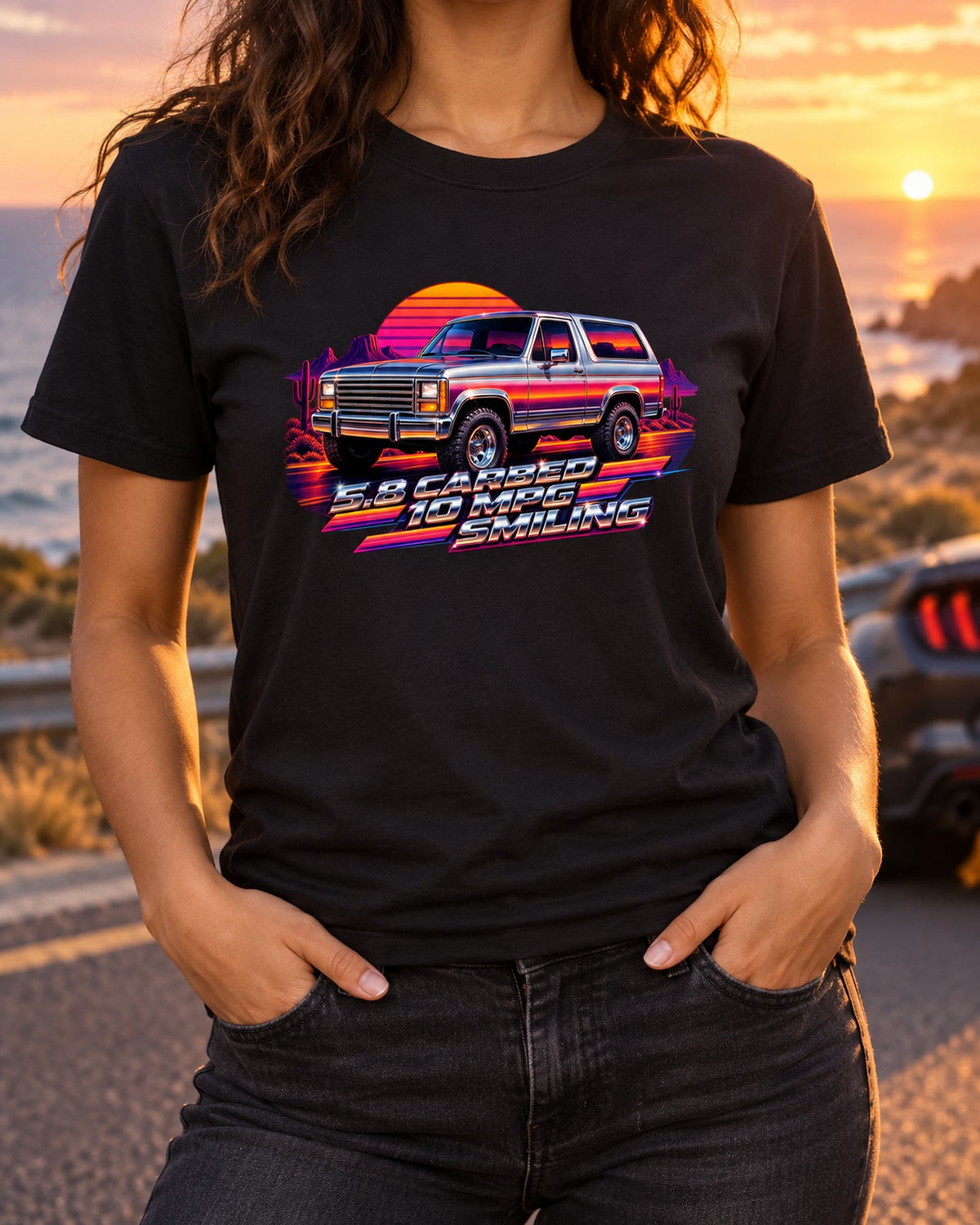 1980-86 Ford Bronco Bullnose Sunset Chrome Airbrush Shirt T-Shirt Black worn hero