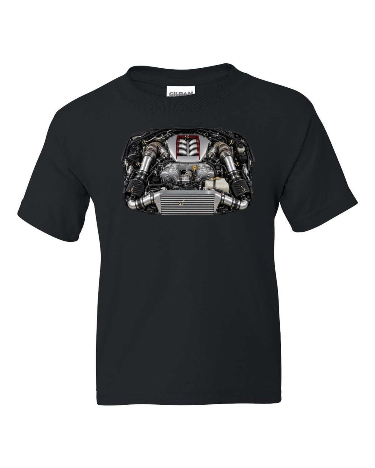 Nissan GT-R R35 early VR38DETT engine poster-style drawing black kids tee front view with the design