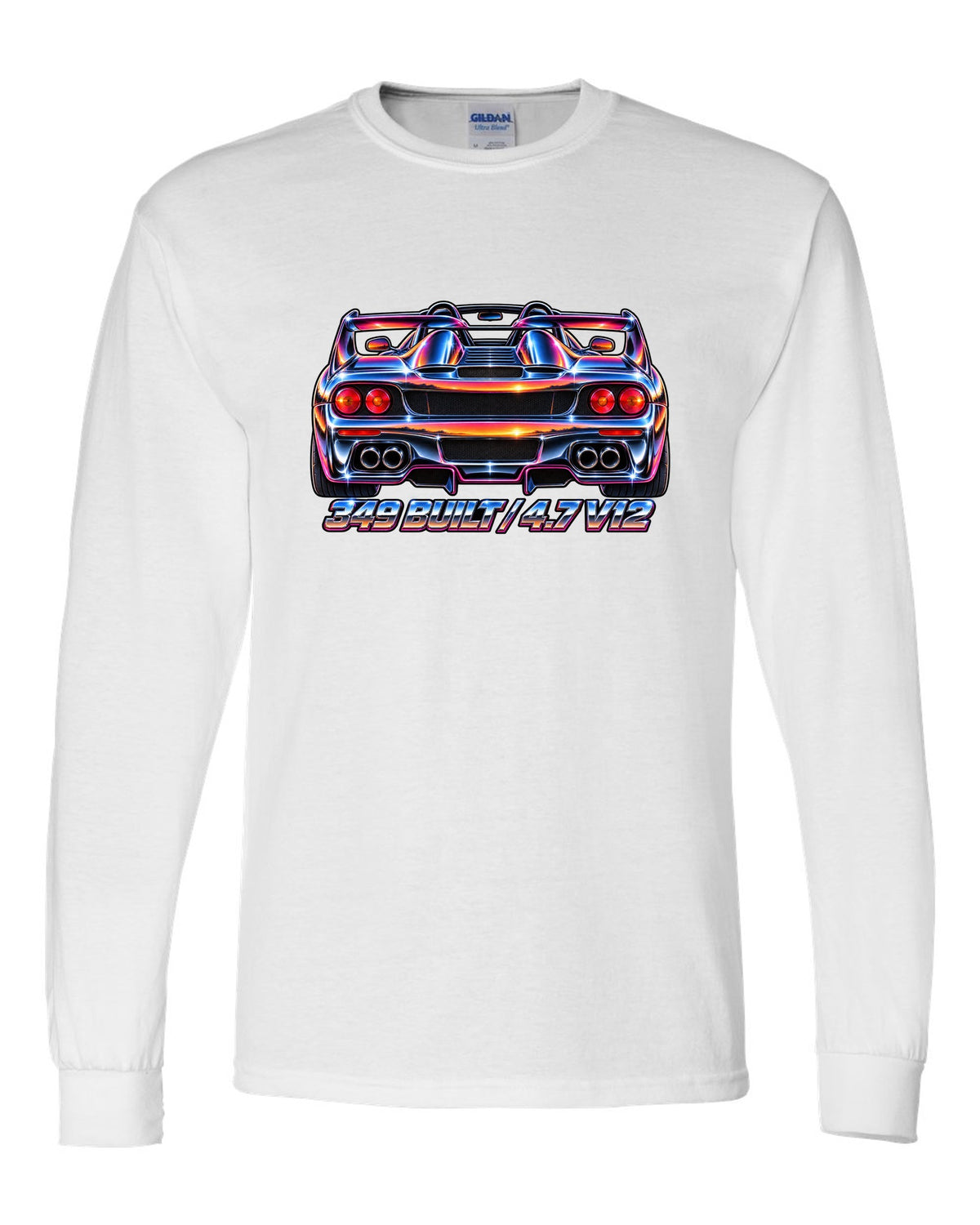 1980s airbrush chrome rear view print of a 1995 Ferrari F50 F130 with 349 built and 4.7 V12 text white long sleeve front view with the design