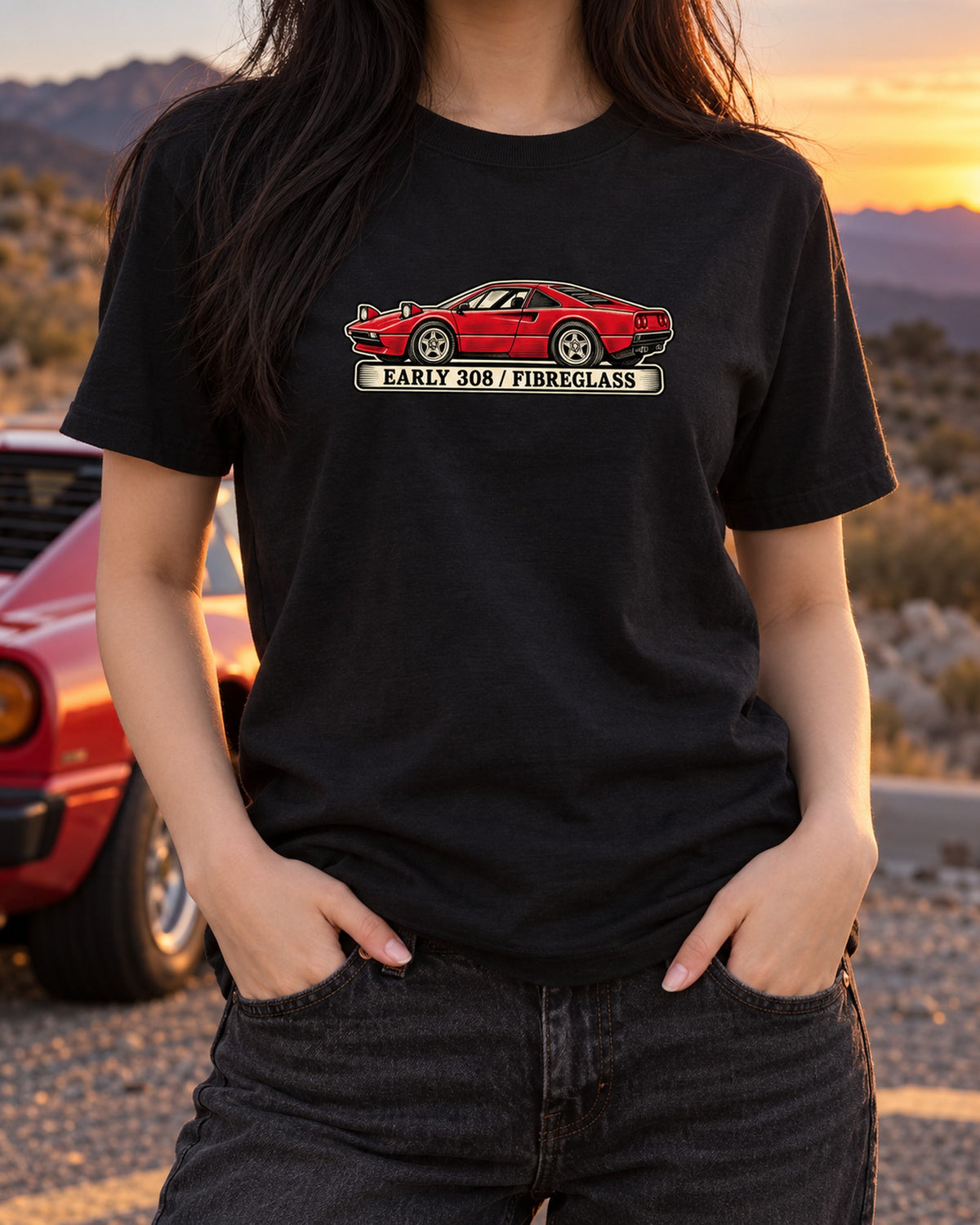 Early Fibreglass Ferrari 308 GTB Linocut Tee for Car Guys T-Shirt Black worn hero