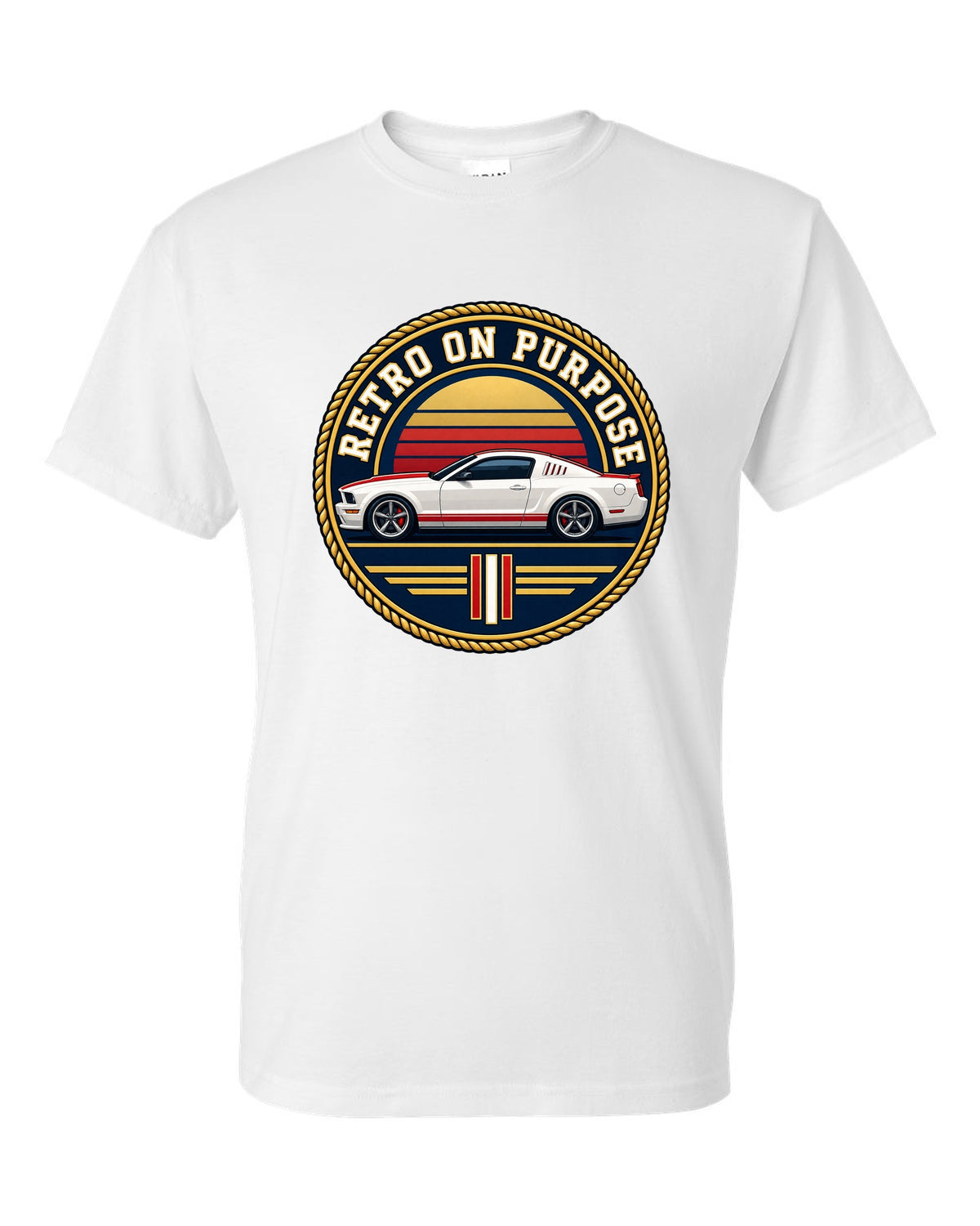 Varsity crest of a 2005-2014 S197 Ford Mustang fastback with Retro on purpose text white t-shirt front view with the design