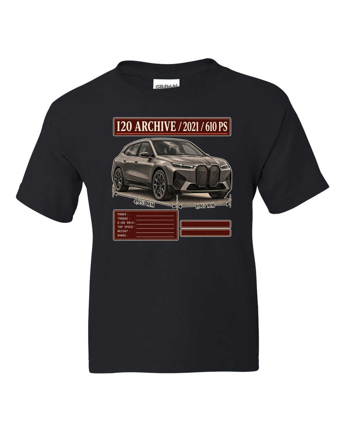 Archive panel print of the BMW iX M60 I20 with 2021 and 610 PS black kids tee front view with the design