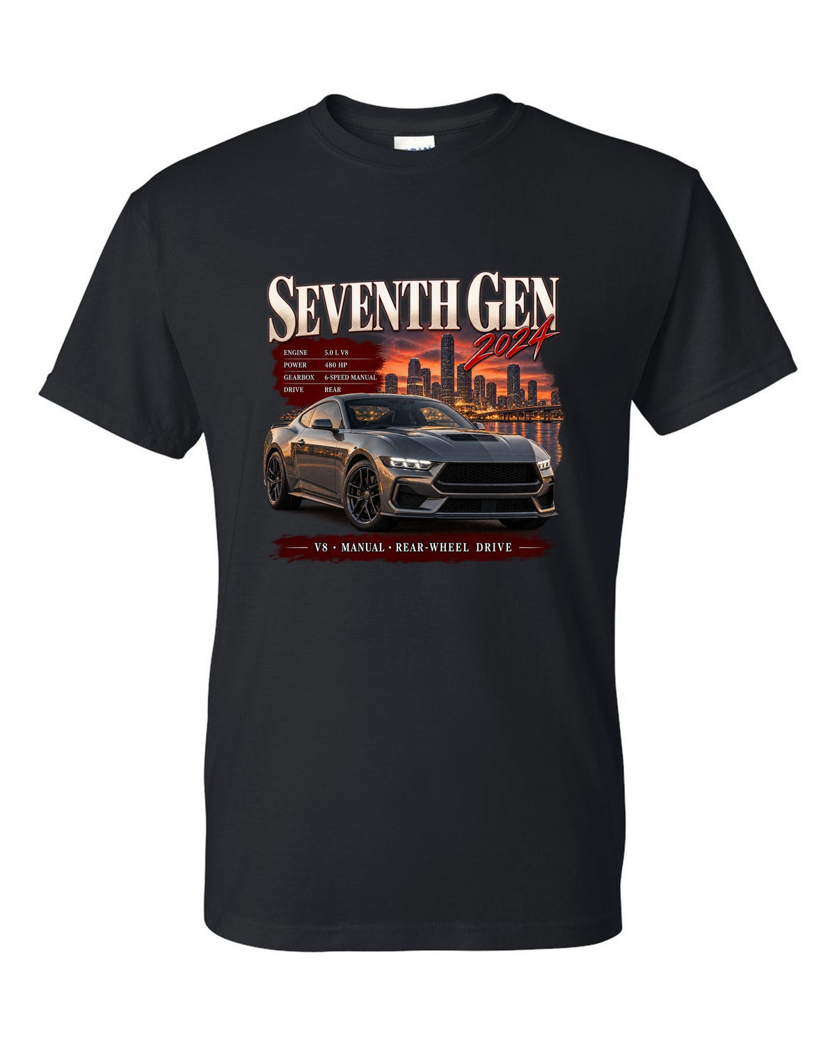 Ford Mustang S650 GT archive panel print reading Seventh Gen 2024 black t-shirt front view with the design