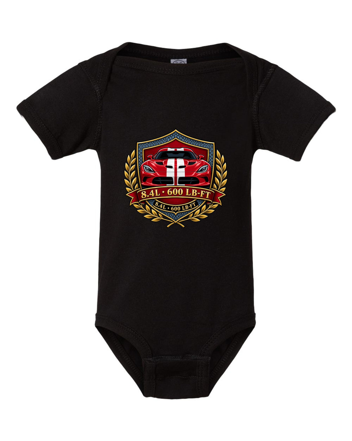 Original shield crest design for the 2013 Dodge Viper VX I with 8.4L and 600 LB-FT lettering black baby onesie front view with the design