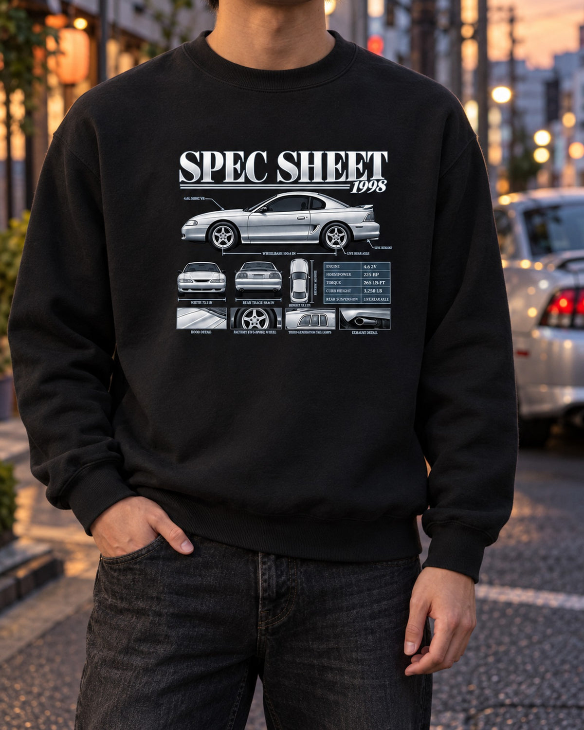 SN95 Mustang GT 1998 Spec Sheet Poster Shirt Crewneck Black worn hero