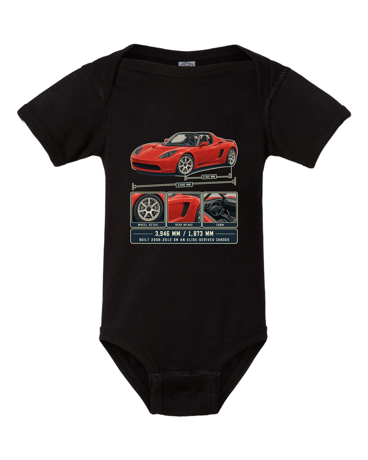 Dossier panel print of a first-generation Tesla Roadster with dimensions black baby onesie front view with the design