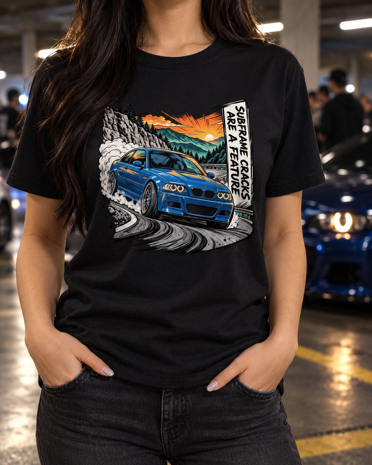 BMW E46 M3 Coupe Laguna Pass Retro Manga Panel Shirt T-Shirt Black worn hero