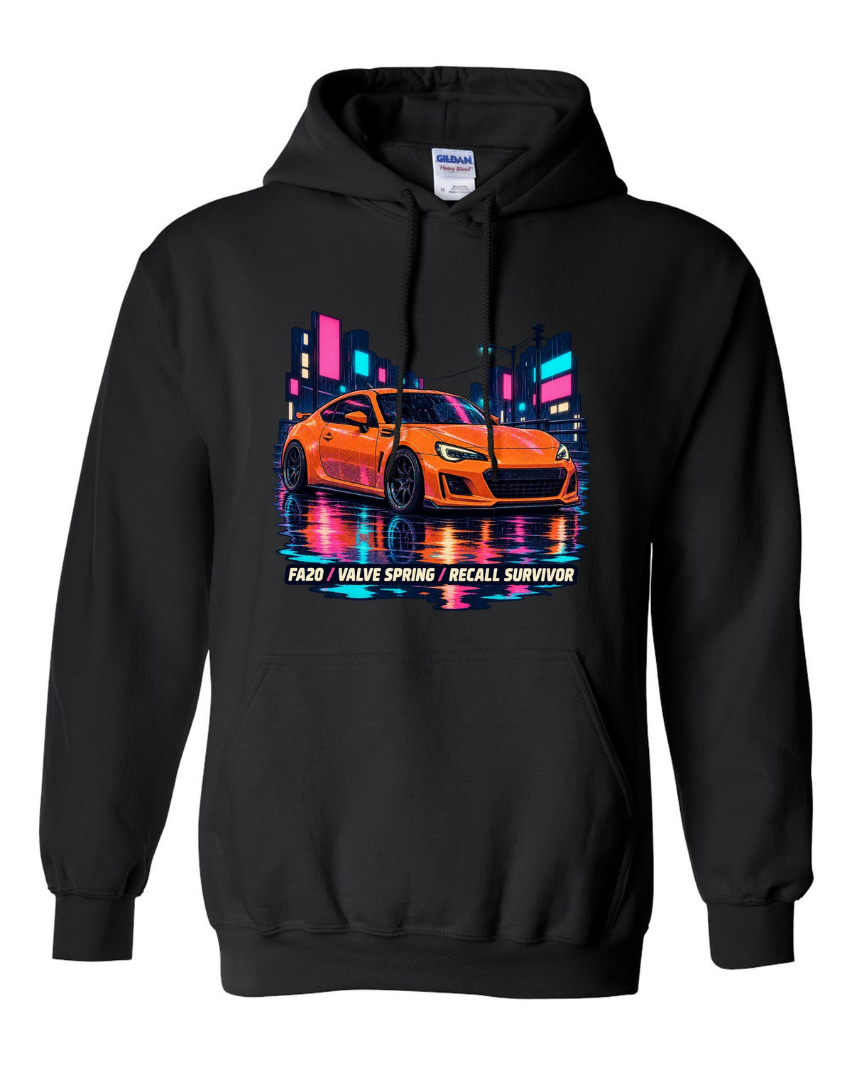 Subaru BRZ ZC6 in a rainy lo-fi anime night scene, FA20 / VALVE SPRING / RECALL SURVIVOR black pull over hoodie front view with the design