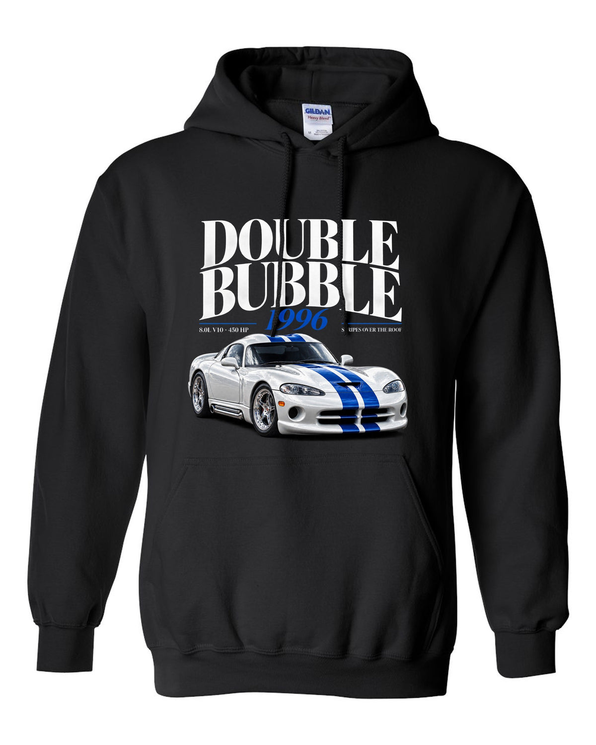 Editorial headline print of a 1996 Dodge Viper GTS SR II with double bubble and 8.0L V10 text black pull over hoodie front view with the design