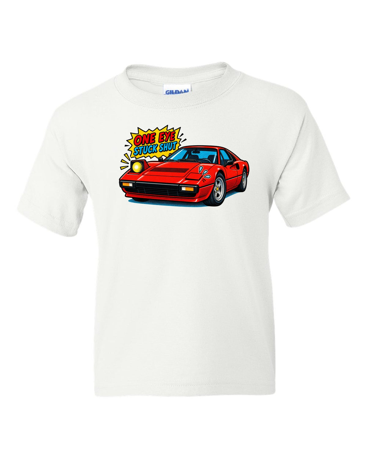 Comic halftone print of a Ferrari 308 GTB with one pop-up headlight stuck shut white kids tee front view with the design